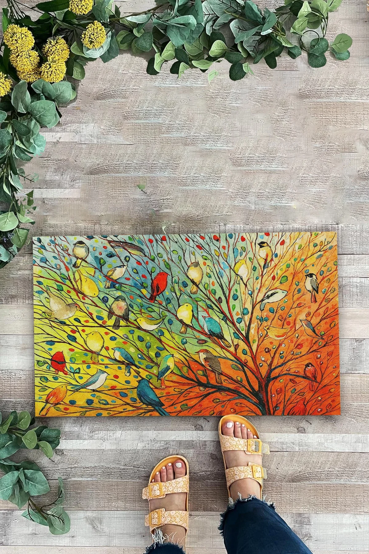 Valerine Life Renkli Kuşlar Hayat Ağacı Welcome Hoş Geldiniz Kapı Önü Paspası 45x70cm