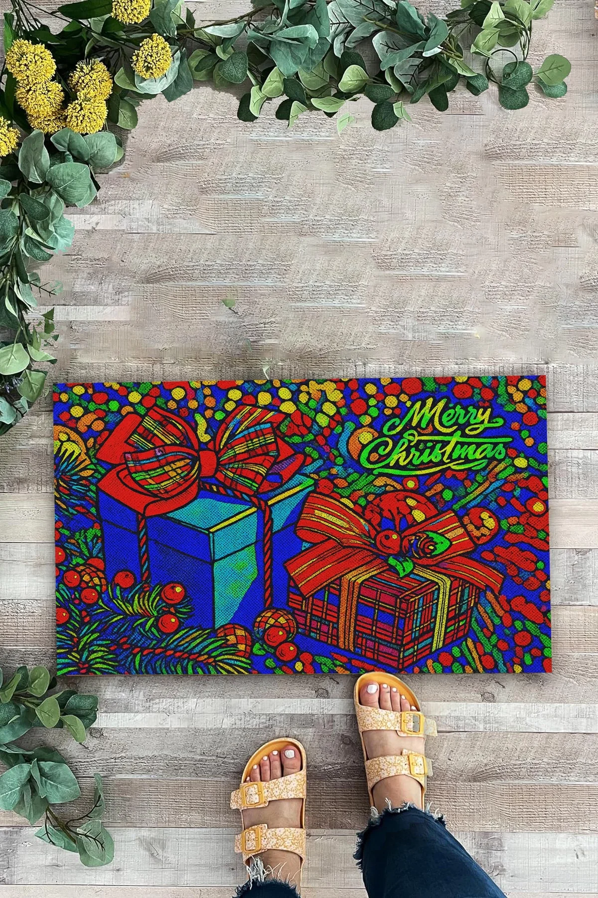 Valerine Life Merry Christmas Yılbaşı Hediye Kutulu Welcome Hoş Geldiniz Kapı Önü Paspası 45x70cm