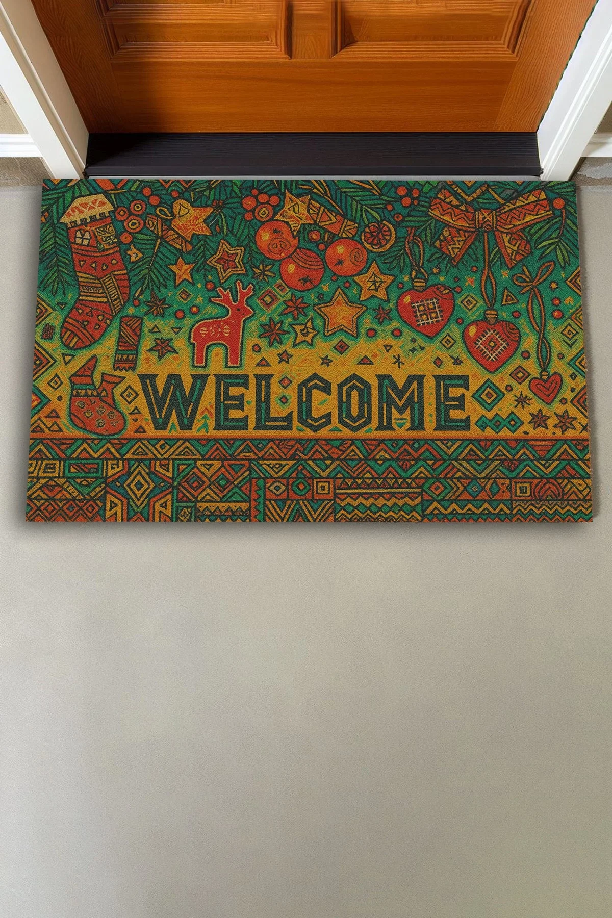Valerine Life Geometrik Yılbaşı Noel Temalı Welcome Hoş Geldiniz Kapı Önü Paspası 45x70cm