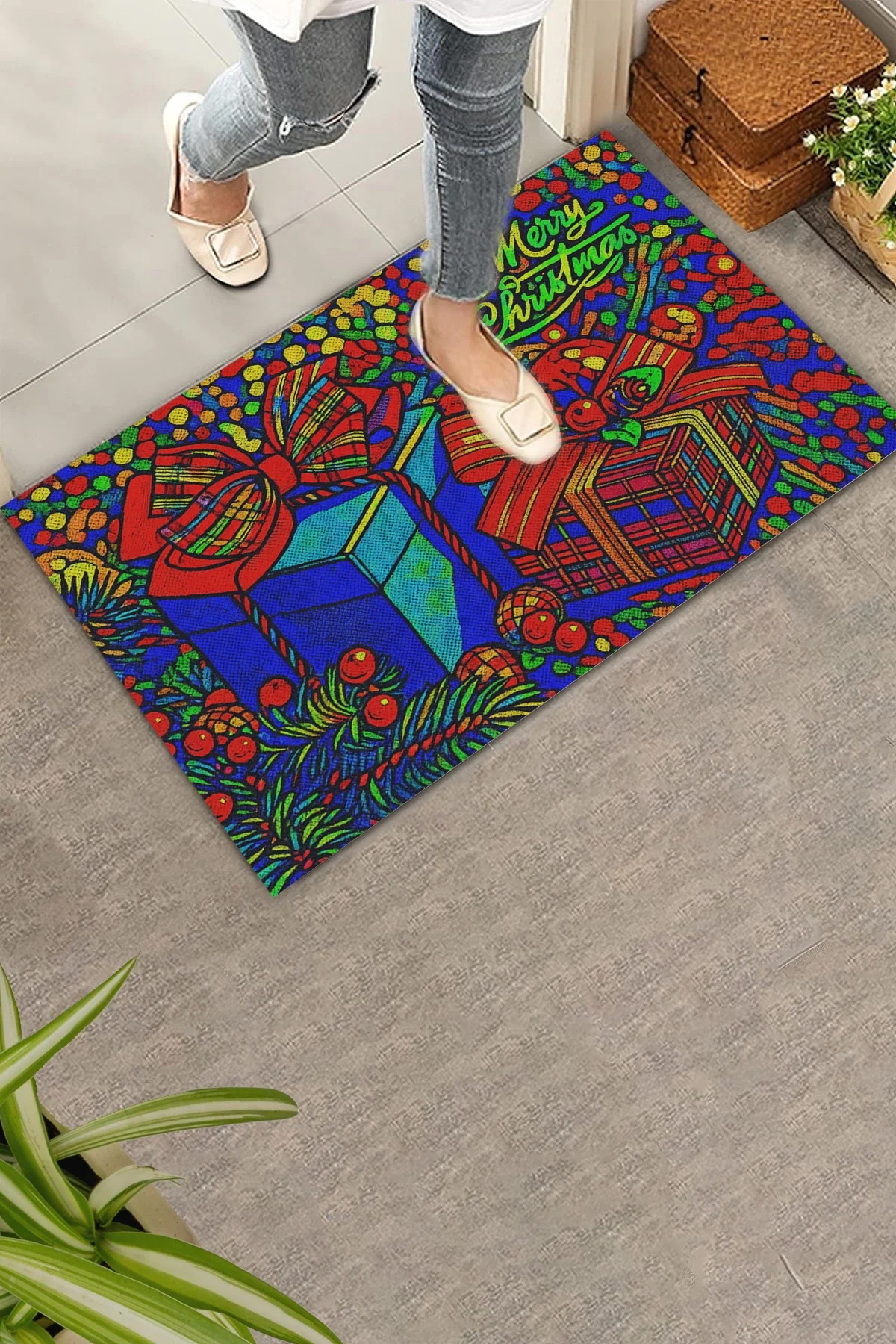 Valerine Life Merry Christmas Yılbaşı Hediye Kutulu Welcome Hoş Geldiniz Kapı Önü Paspası 45x70cm