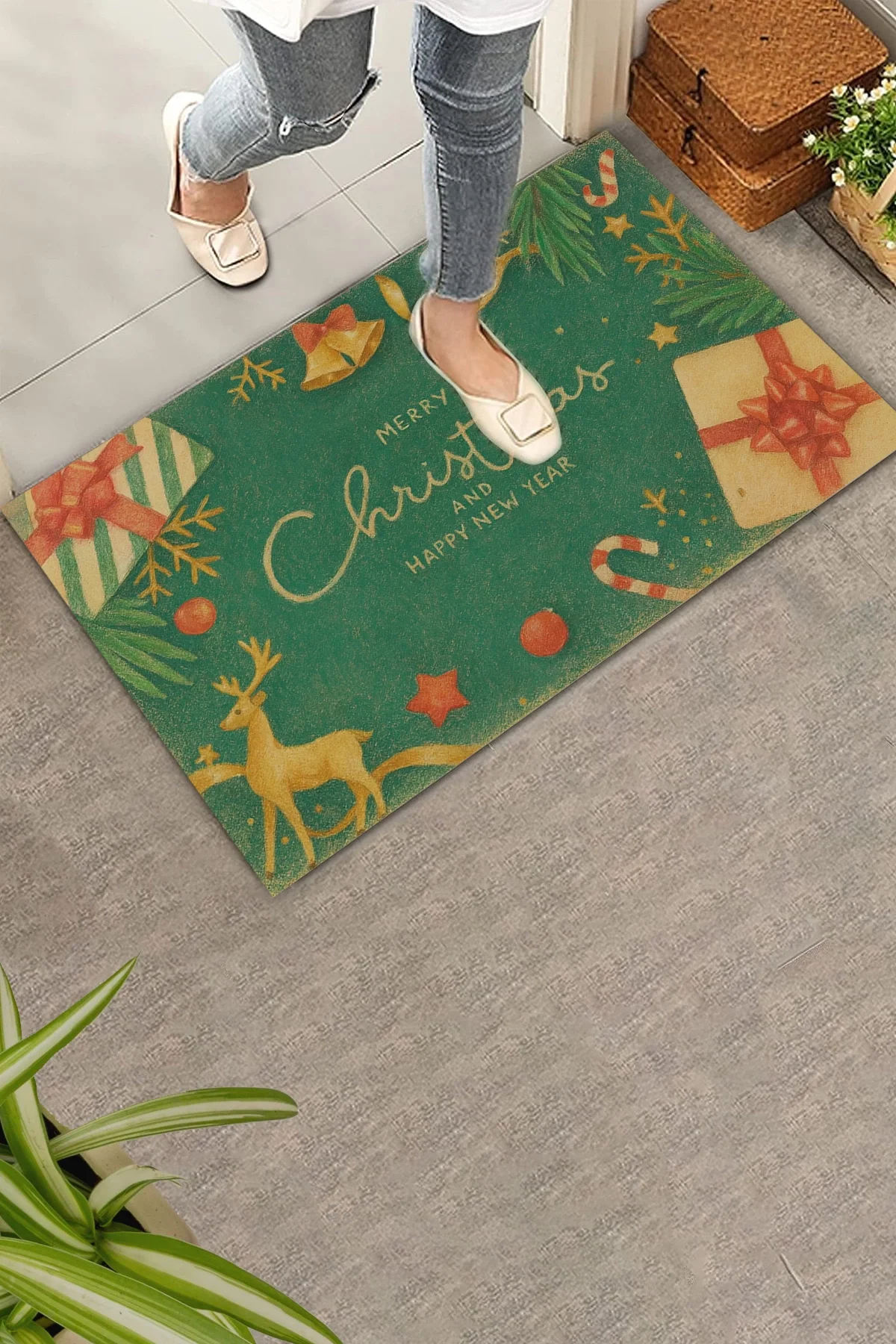 Valerine Life Happy New Year Yeşil Pastel Ren Geyikli Welcome Hoş Geldiniz Kapı Önü Paspası 45x70cm