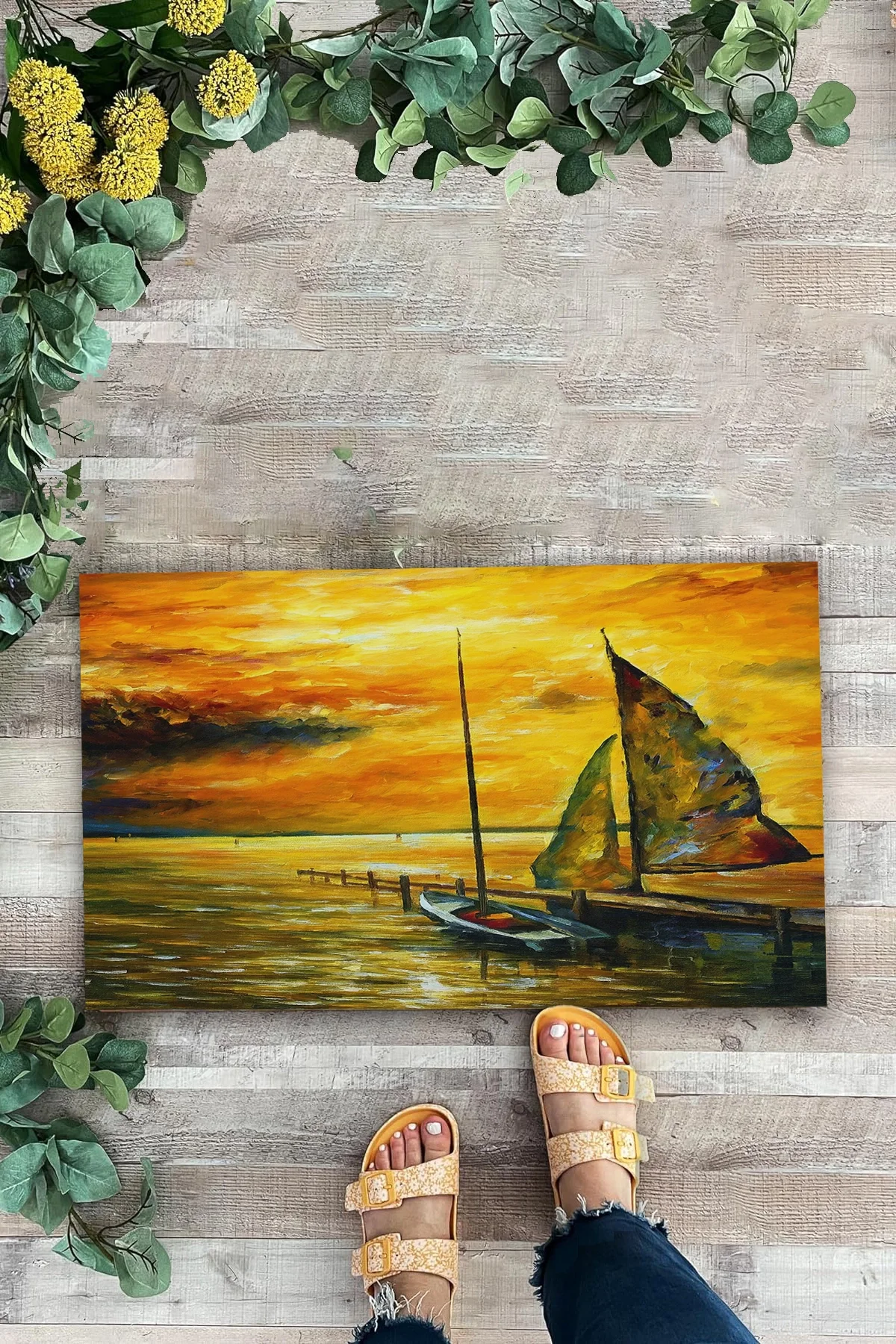 Valerine Life Deniz Gemi ve Gün Batımında Huzur Temalı Welcome Hoş Geldiniz Kapı Önü Paspası 45x70cm