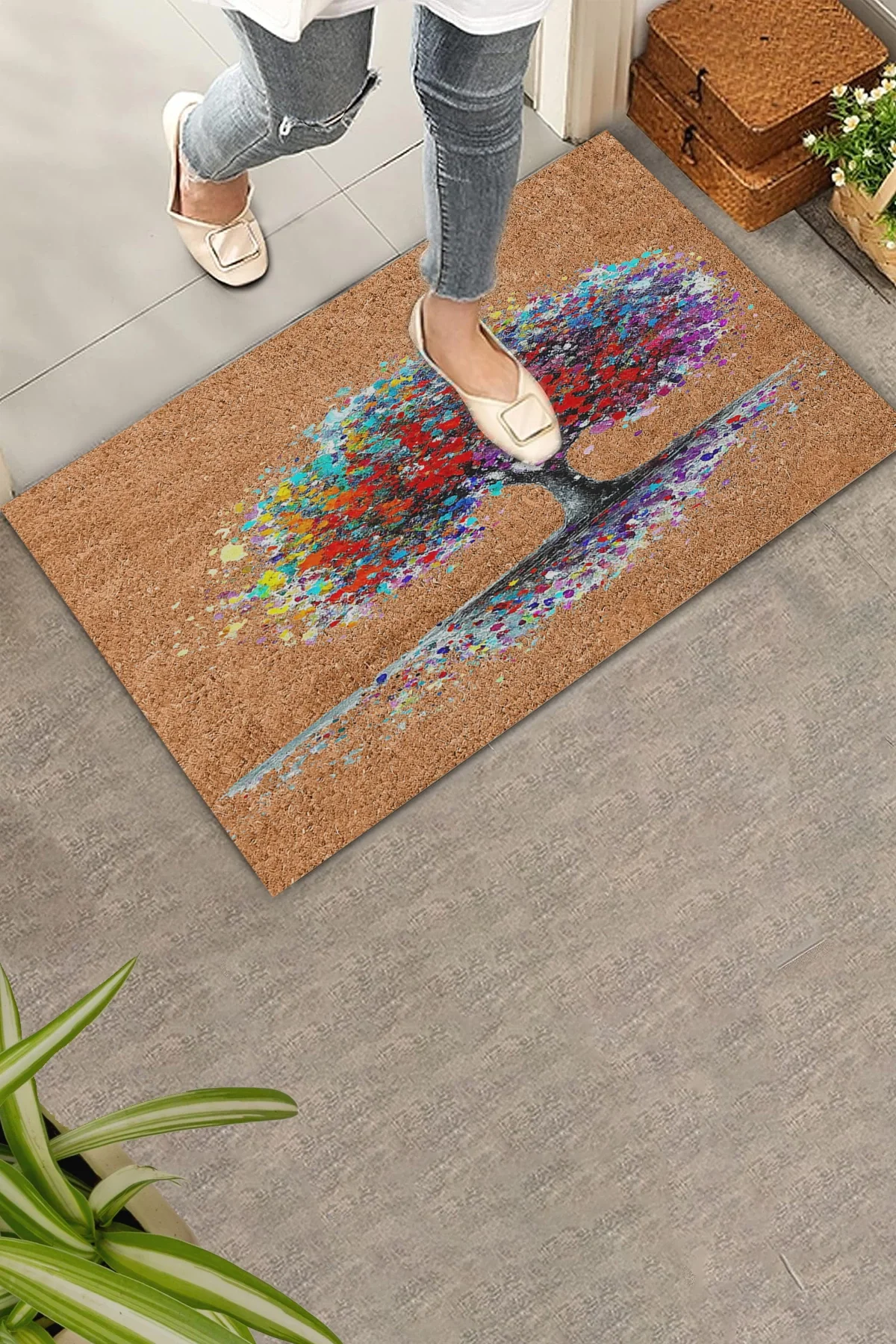 Valerine Life Renkli Yaşam Ağacı Kahverengi Welcome Hoş Geldiniz Kapı Önü Paspası 45x70cm