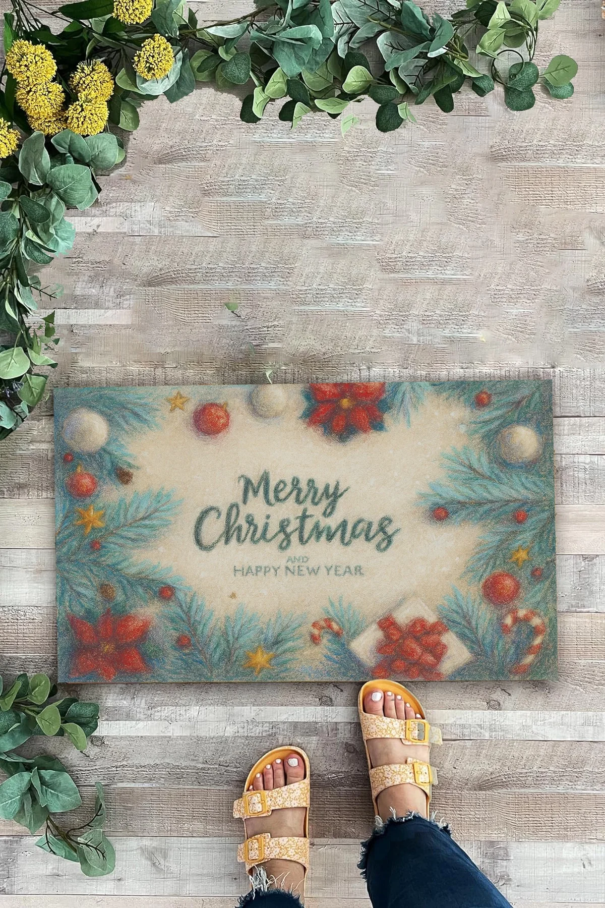 Valerine Life Tebeşir Çizimi Yılbaşı Noel Çam Ağaçlı Welcome Hoş Geldiniz Kapı Önü Paspası 45x70cm