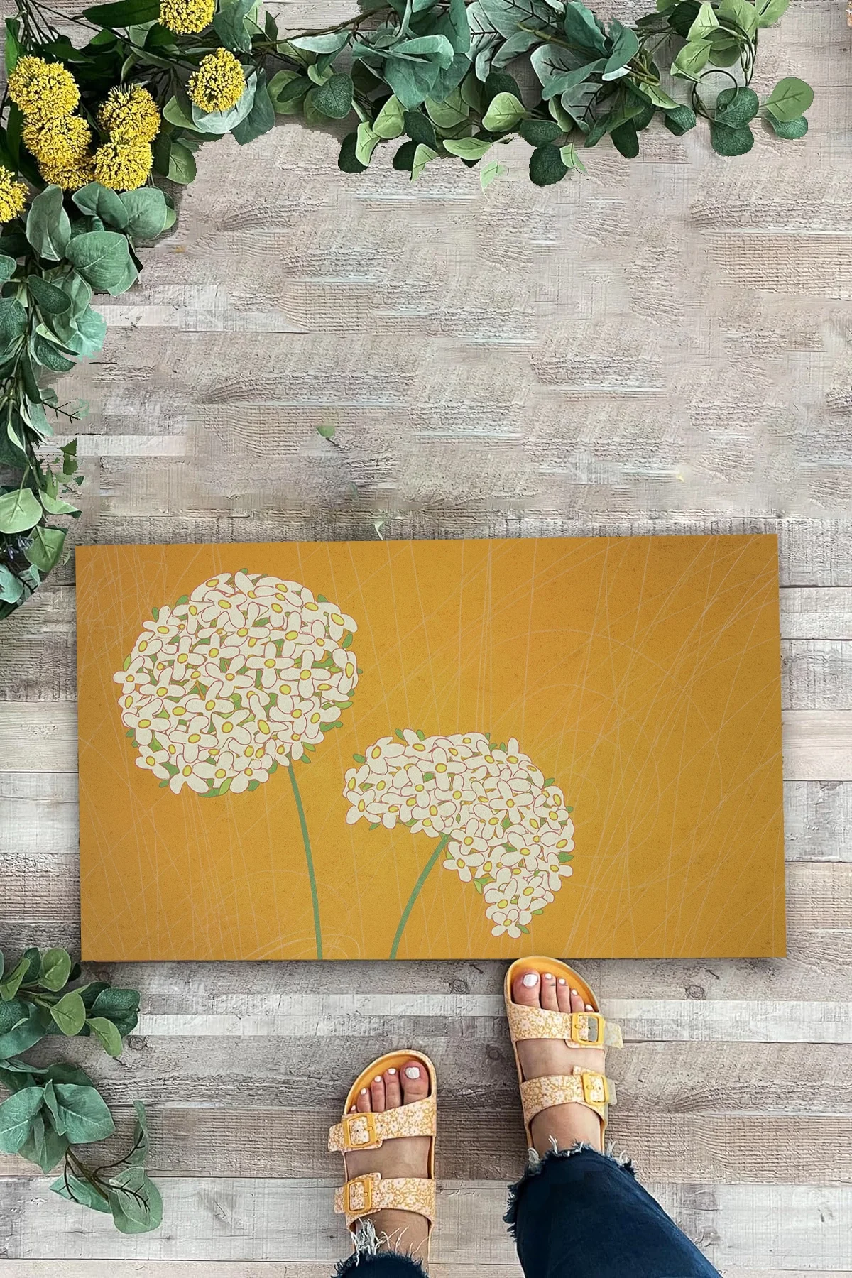 Valerine Life Kişniş Çiçeği Zarafeti Sarı Renk Welcome Hoş Geldiniz Kapı Önü Paspası 45x70cm