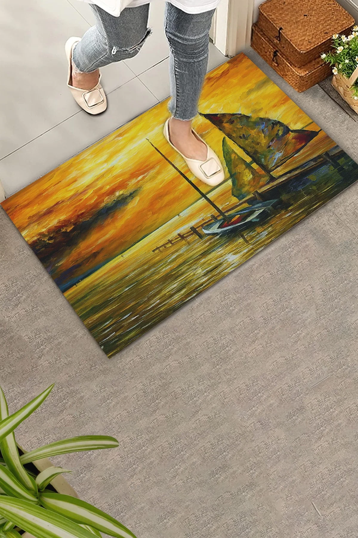 Valerine Life Deniz Gemi ve Gün Batımında Huzur Temalı Welcome Hoş Geldiniz Kapı Önü Paspası 45x70cm