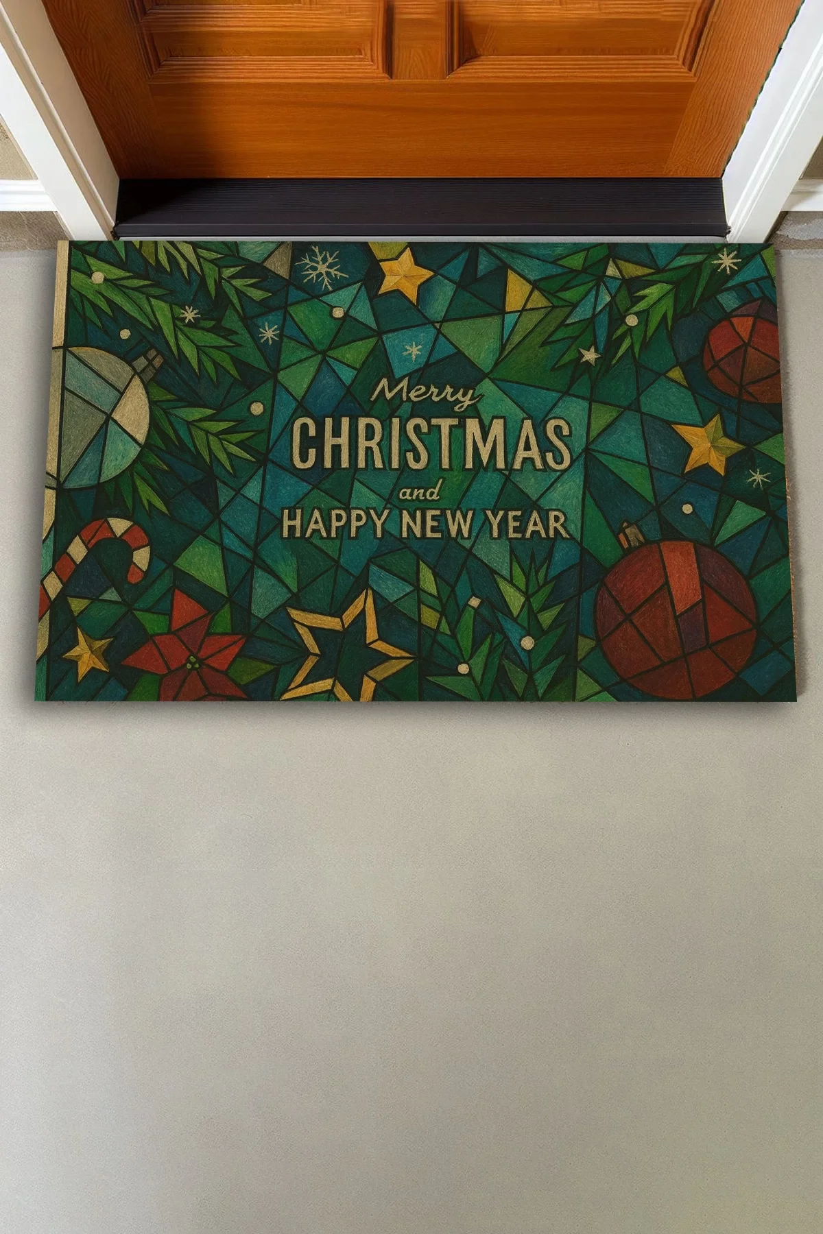 Valerine Life Picasso Tarzı Geometrik Yeşil Yılbaşı Welcome Hoş Geldiniz Kapı Önü Paspası 45x70cm