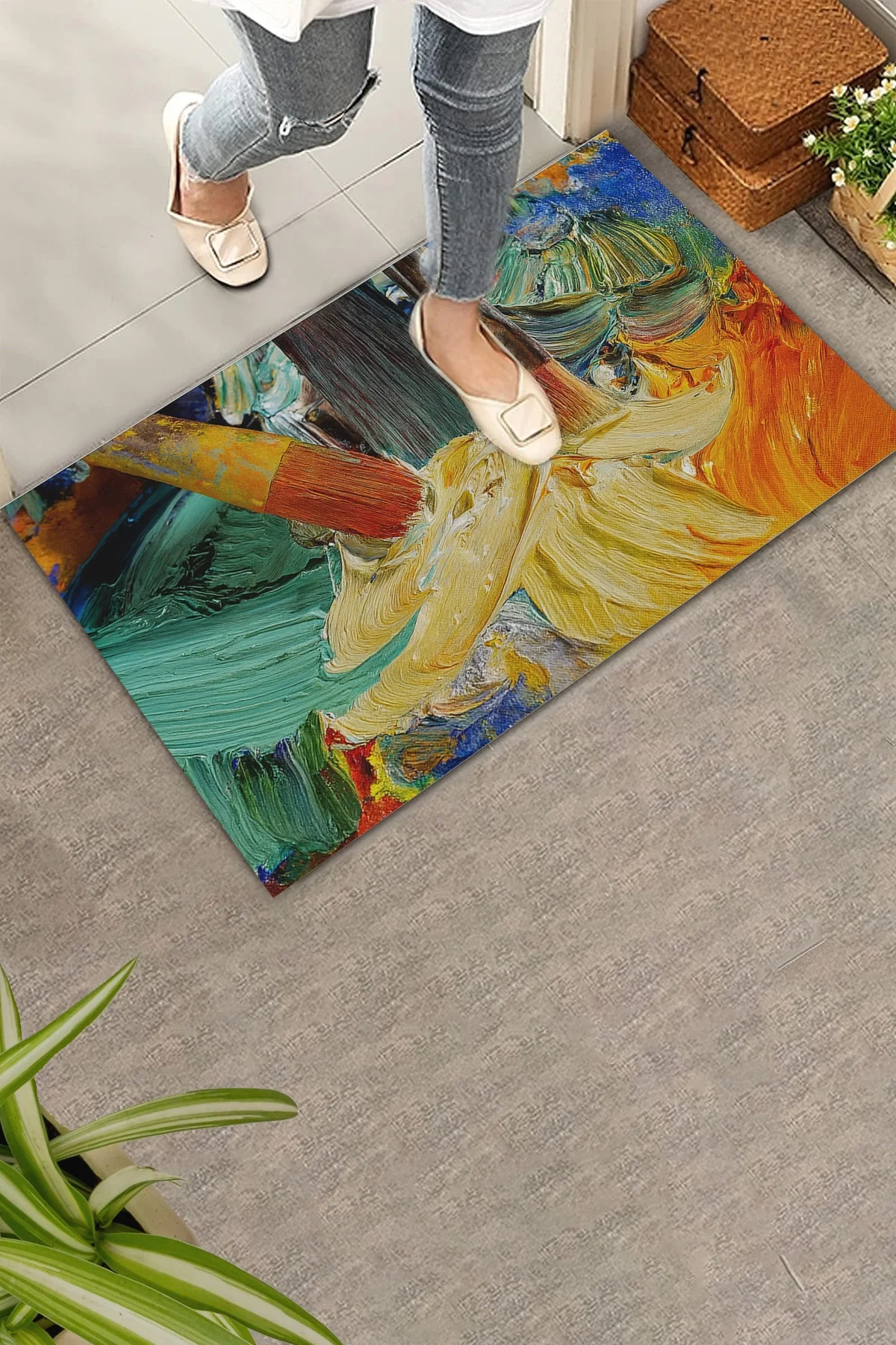 Valerine Life Renkli Yağlı Boya Tuvali Fırça Figürlü Welcome Hoş Geldiniz Kapı Önü Paspası 45x70cm