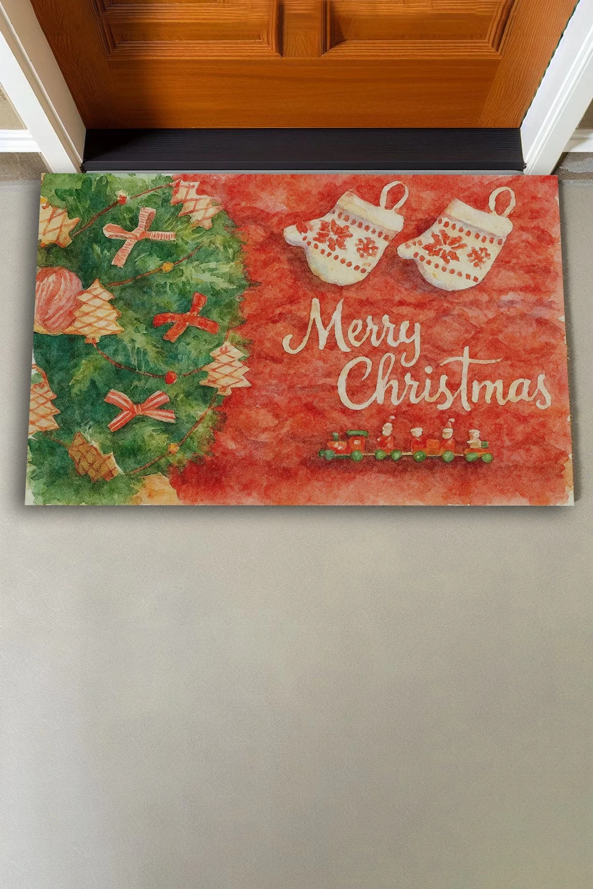 Valerine Life Yılbaşı Noel Çam Ağacı Eldivenli Kırmızı Welcome Hoş Geldiniz Kapı Önü Paspası 45x70cm