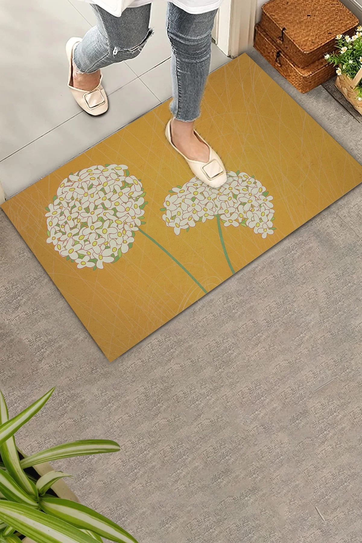 Valerine Life Kişniş Çiçeği Zarafeti Sarı Renk Welcome Hoş Geldiniz Kapı Önü Paspası 45x70cm