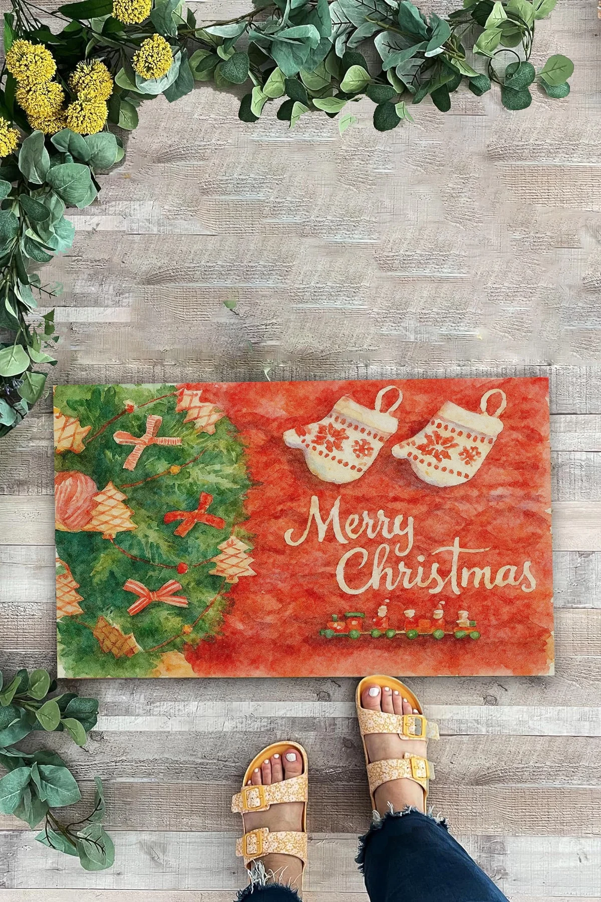 Valerine Life Yılbaşı Noel Çam Ağacı Eldivenli Kırmızı Welcome Hoş Geldiniz Kapı Önü Paspası 45x70cm