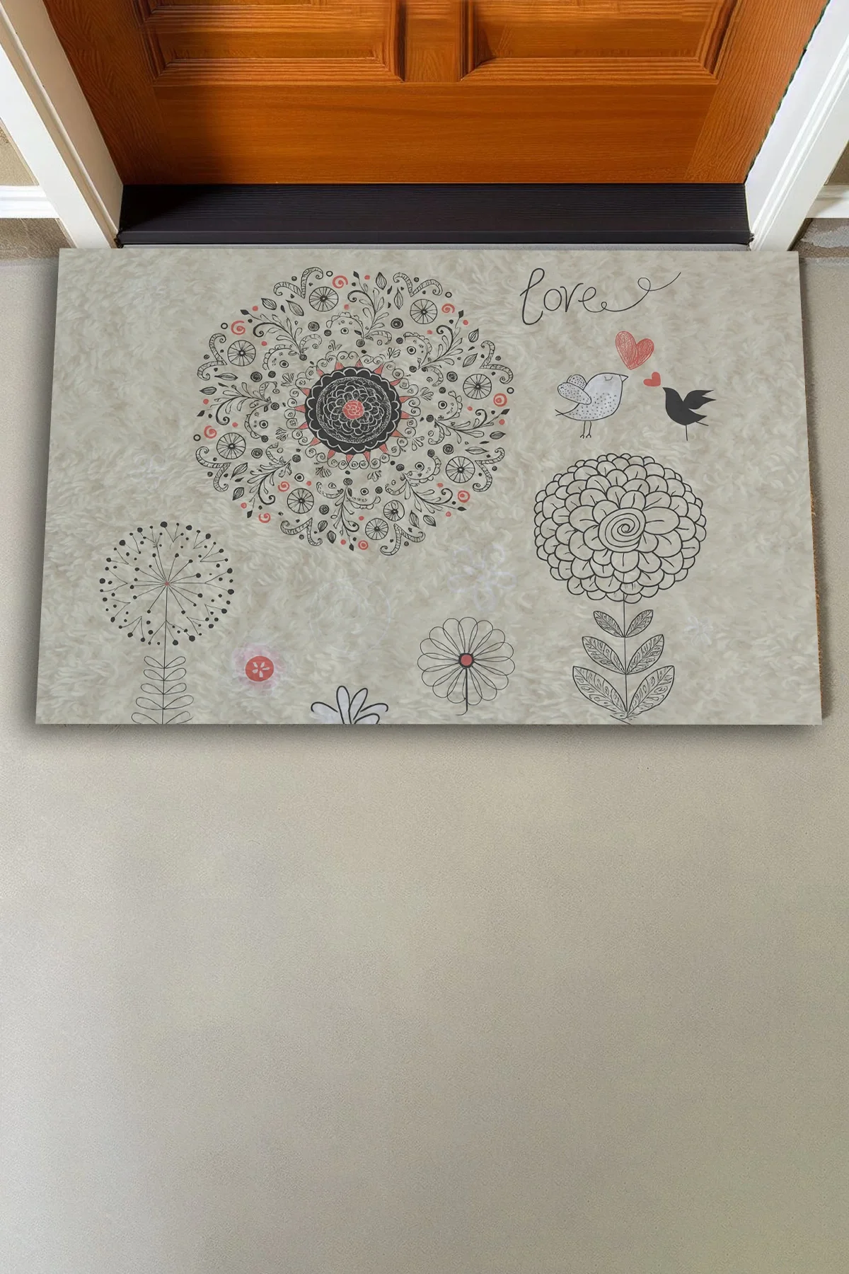 Valerine Life Dilek Otlu Papatya ve Kuşlar Krem Rengi Welcome Hoş Geldiniz Kapı Önü Paspası 45x70cm