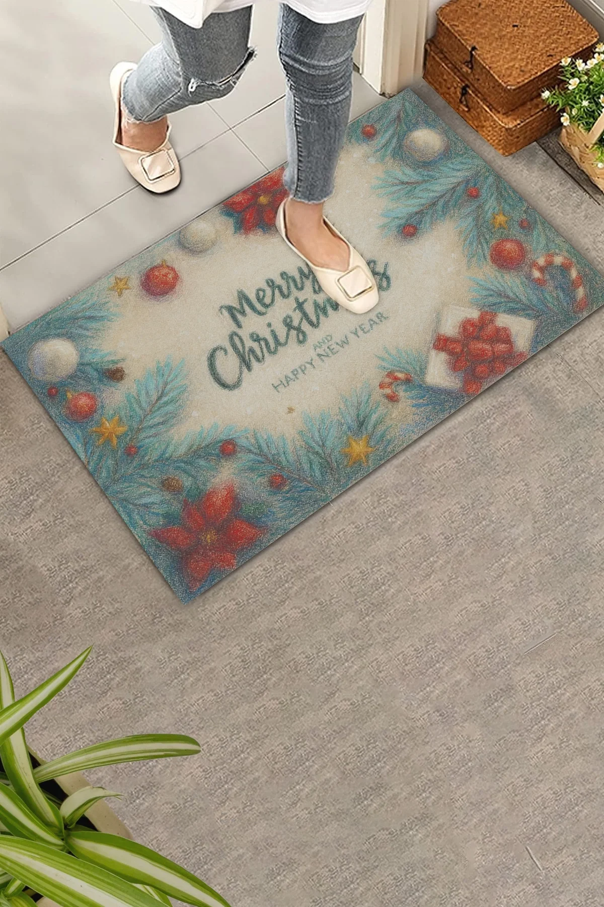 Valerine Life Tebeşir Çizimi Yılbaşı Noel Çam Ağaçlı Welcome Hoş Geldiniz Kapı Önü Paspası 45x70cm