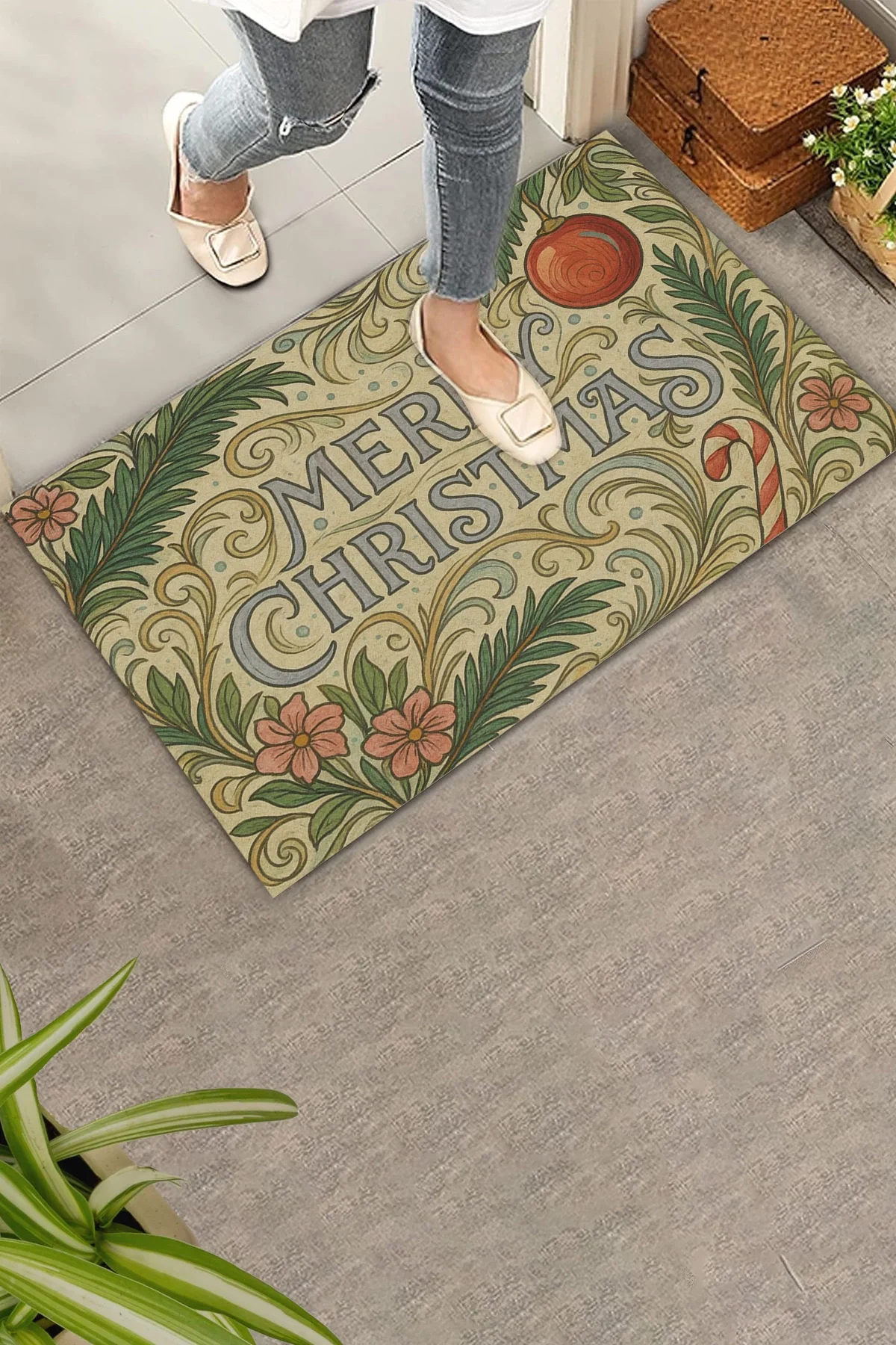 Valerine Life Çiçek Süslemeli Krem Merry Christmas Welcome Hoş Geldiniz Kapı Önü Paspası 45x70cm