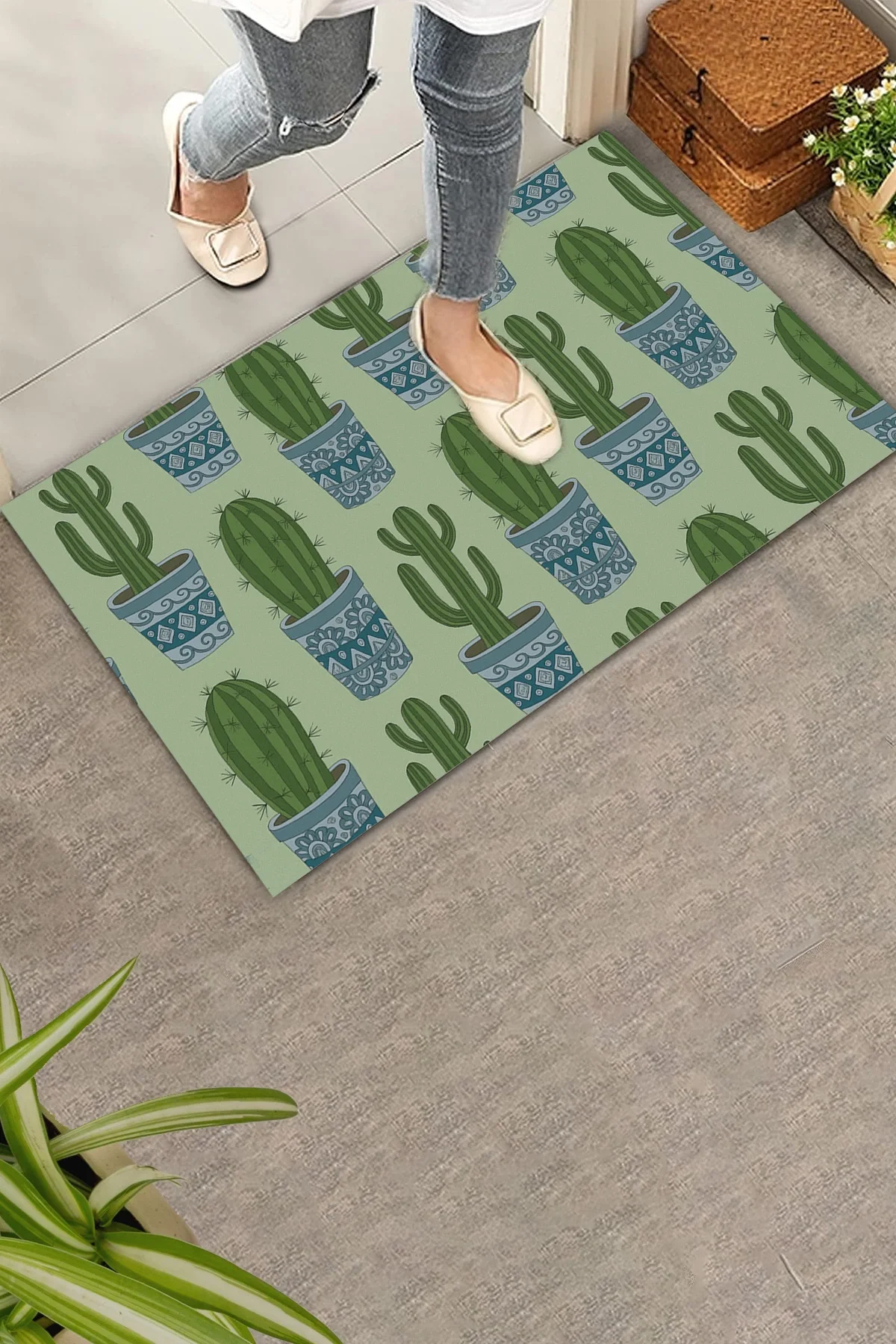 Valerine Life Dikenime Katlan Keyfine Bak Yeşil Kaktüs Welcome Hoş Geldiniz Kapı Önü Paspası 45x70cm
