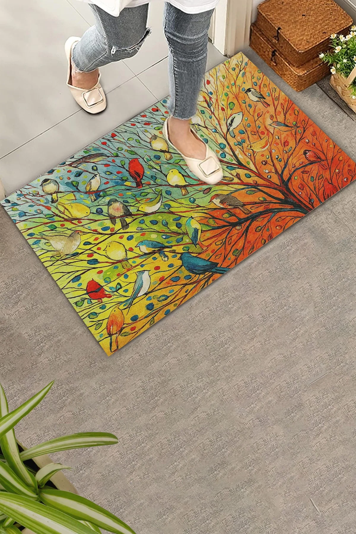 Valerine Life Renkli Kuşlar Hayat Ağacı Welcome Hoş Geldiniz Kapı Önü Paspası 45x70cm