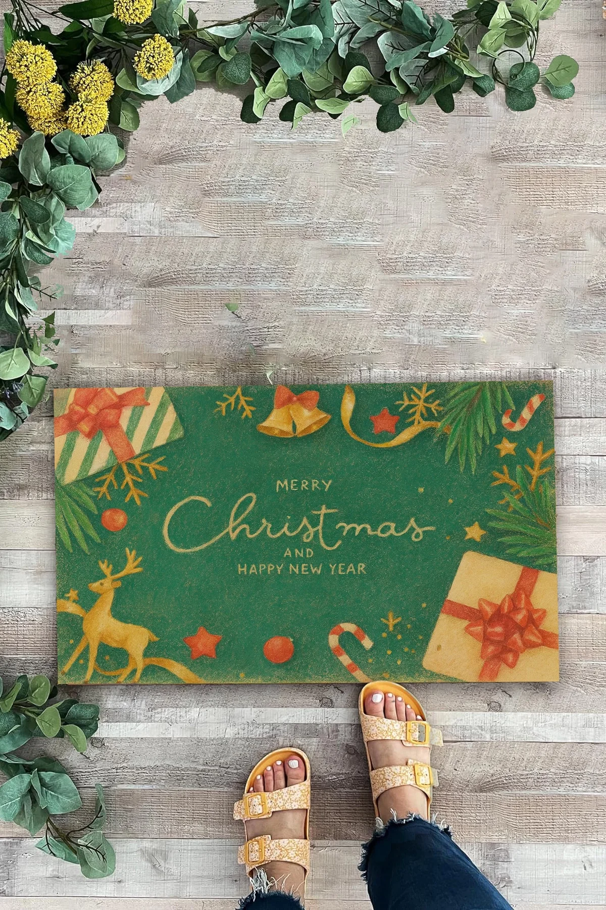 Valerine Life Happy New Year Yeşil Pastel Ren Geyikli Welcome Hoş Geldiniz Kapı Önü Paspası 45x70cm