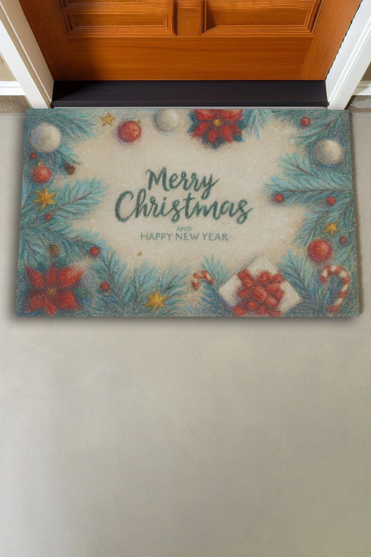 Valerine Life Tebeşir Çizimi Yılbaşı Noel Çam Ağaçlı Welcome Hoş Geldiniz Kapı Önü Paspası 45x70cm