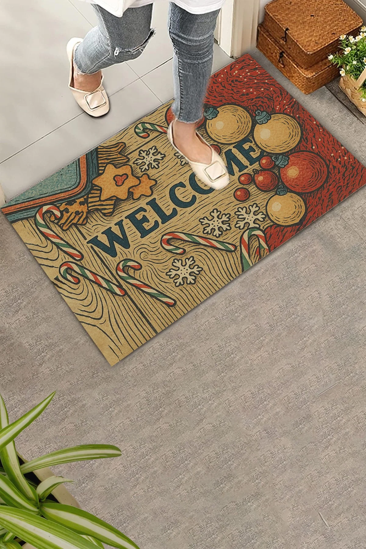 Valerine Life Yılbaşı Baston Şekerli Noel Temalı Welcome Hoş Geldiniz Kapı Önü Paspası 45x70cm