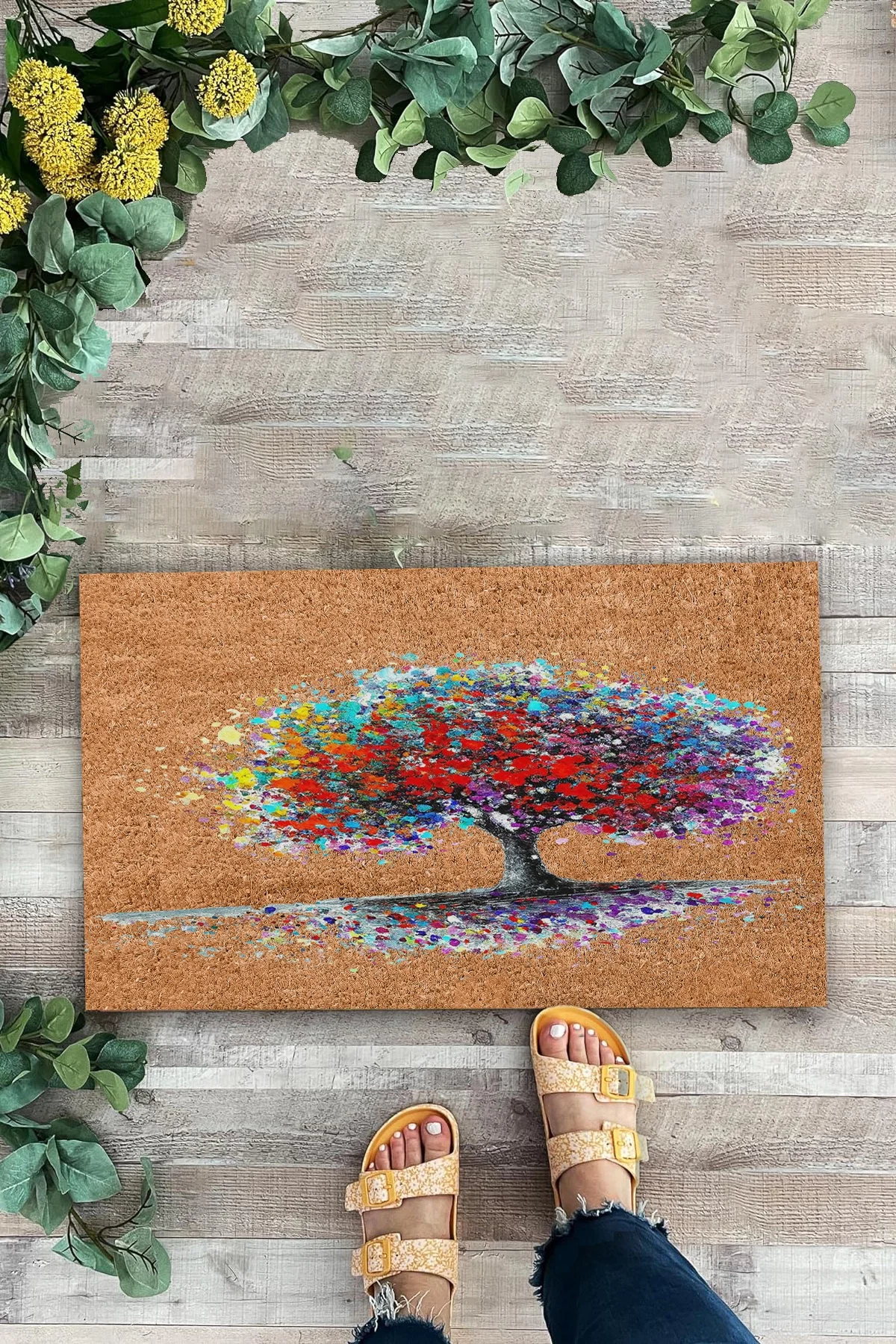 Valerine Life Renkli Yaşam Ağacı Kahverengi Welcome Hoş Geldiniz Kapı Önü Paspası 45x70cm