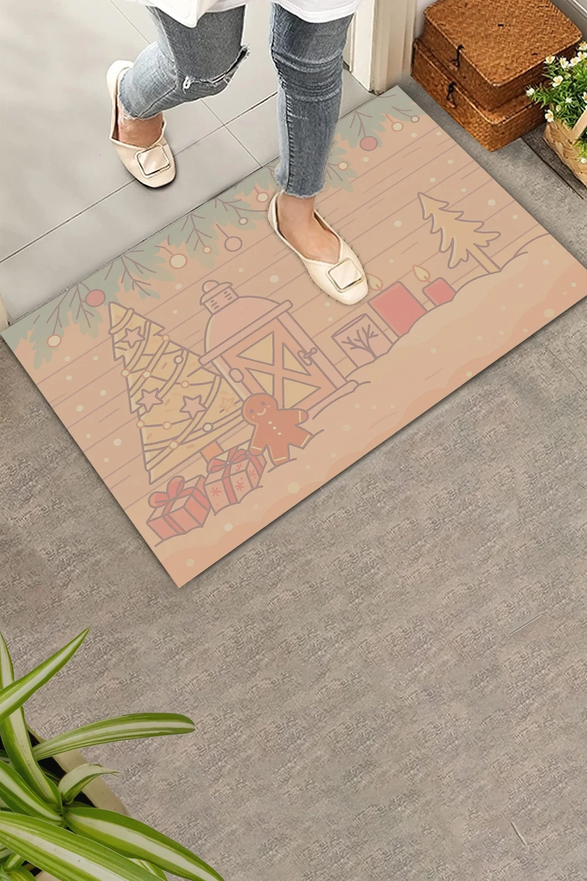 Valerine Life Yılbaşı Kurabiyesi ve Çam Ağaçlı Krem Welcome Hoş Geldiniz Kapı Önü Paspası 45x70cm