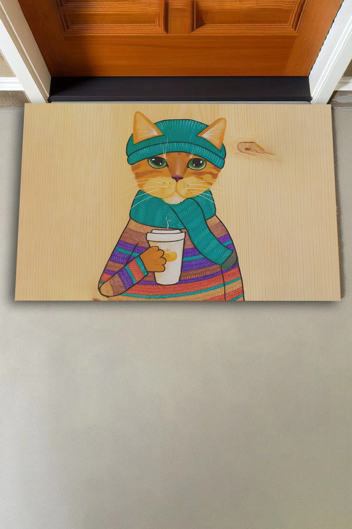 Valerine Life Kedilatte Parke Desenli Krem Rengi Welcome Hoş Geldiniz Kapı Önü Paspası 45x70cm