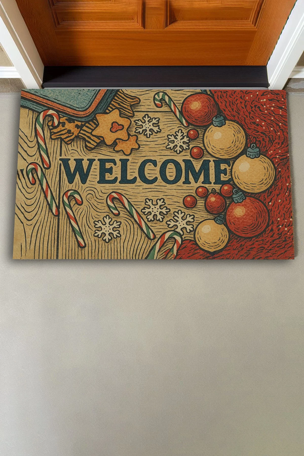Valerine Life Yılbaşı Baston Şekerli Noel Temalı Welcome Hoş Geldiniz Kapı Önü Paspası 45x70cm
