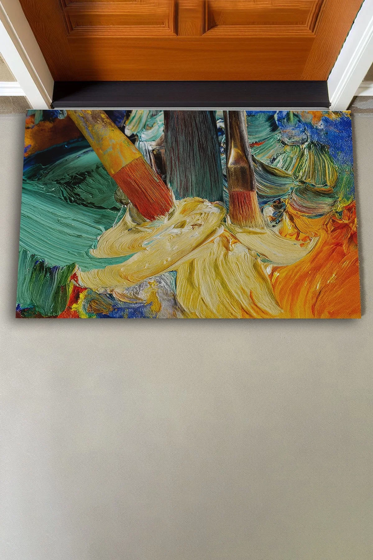Valerine Life Renkli Yağlı Boya Tuvali Fırça Figürlü Welcome Hoş Geldiniz Kapı Önü Paspası 45x70cm