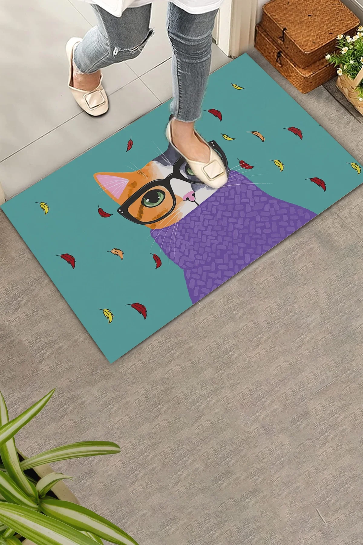 Valerine Life Aristokrat Kedi Yeşil Renkli Welcome Hoş Geldiniz Kapı Önü Paspası 45x70cm