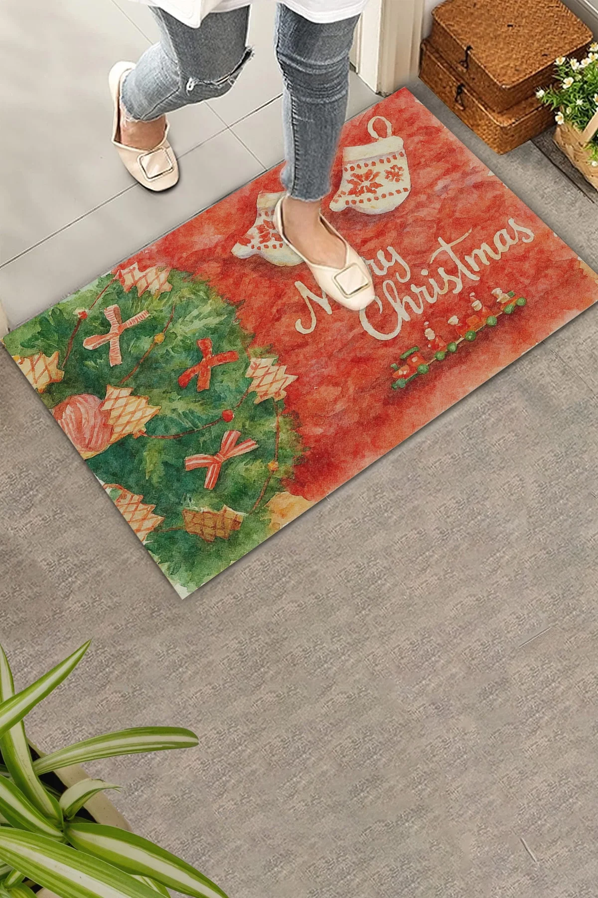 Valerine Life Yılbaşı Noel Çam Ağacı Eldivenli Kırmızı Welcome Hoş Geldiniz Kapı Önü Paspası 45x70cm