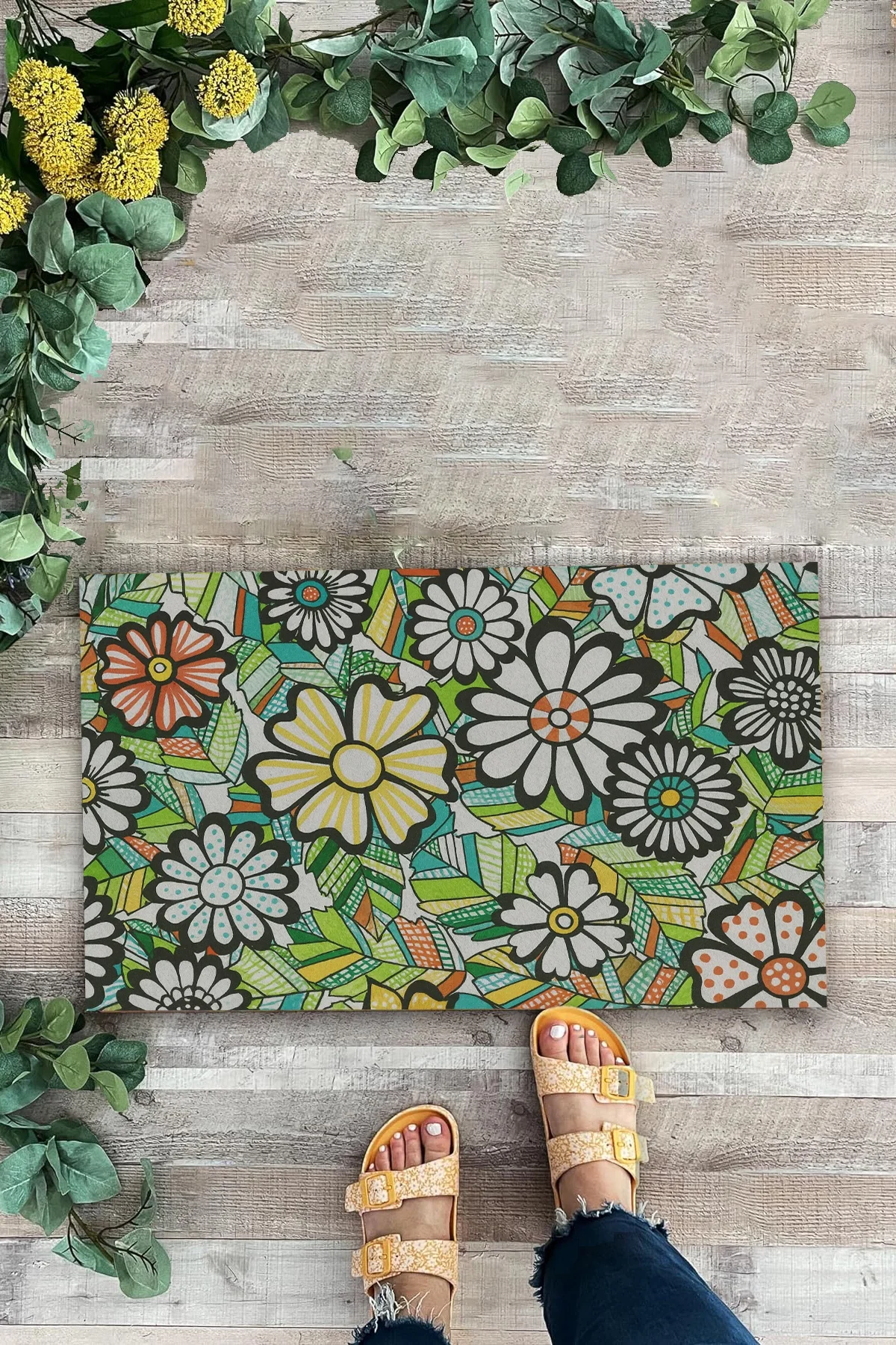 Valerine Life Çiçeksenfoni Temalı Yeşil Renk Welcome Hoş Geldiniz Kapı Önü Paspası 45x70cm