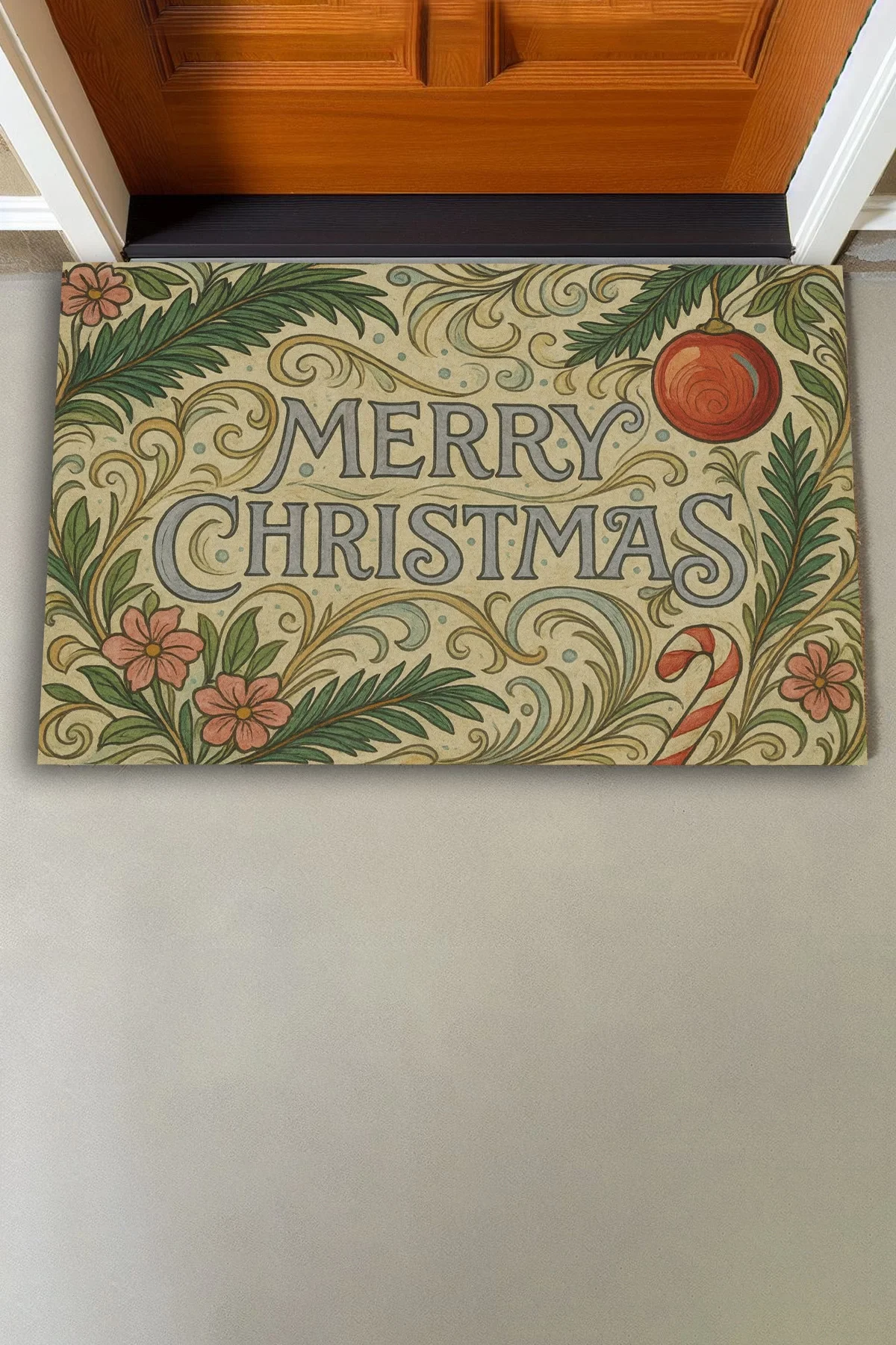 Valerine Life Çiçek Süslemeli Krem Merry Christmas Welcome Hoş Geldiniz Kapı Önü Paspası 45x70cm