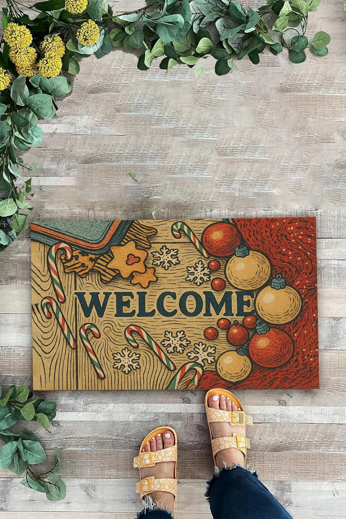 Valerine Life Yılbaşı Baston Şekerli Noel Temalı Welcome Hoş Geldiniz Kapı Önü Paspası 45x70cm