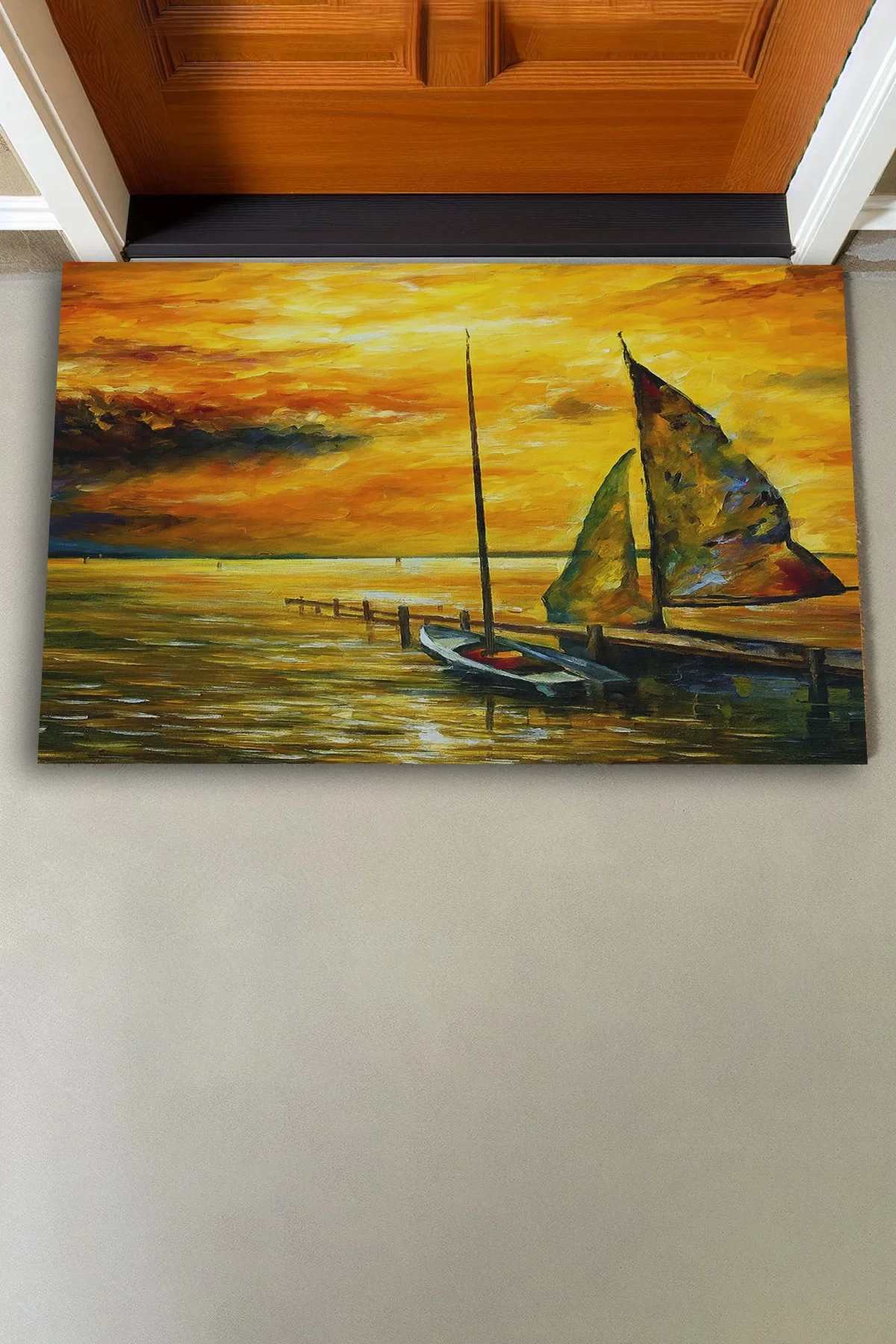 Valerine Life Deniz Gemi ve Gün Batımında Huzur Temalı Welcome Hoş Geldiniz Kapı Önü Paspası 45x70cm