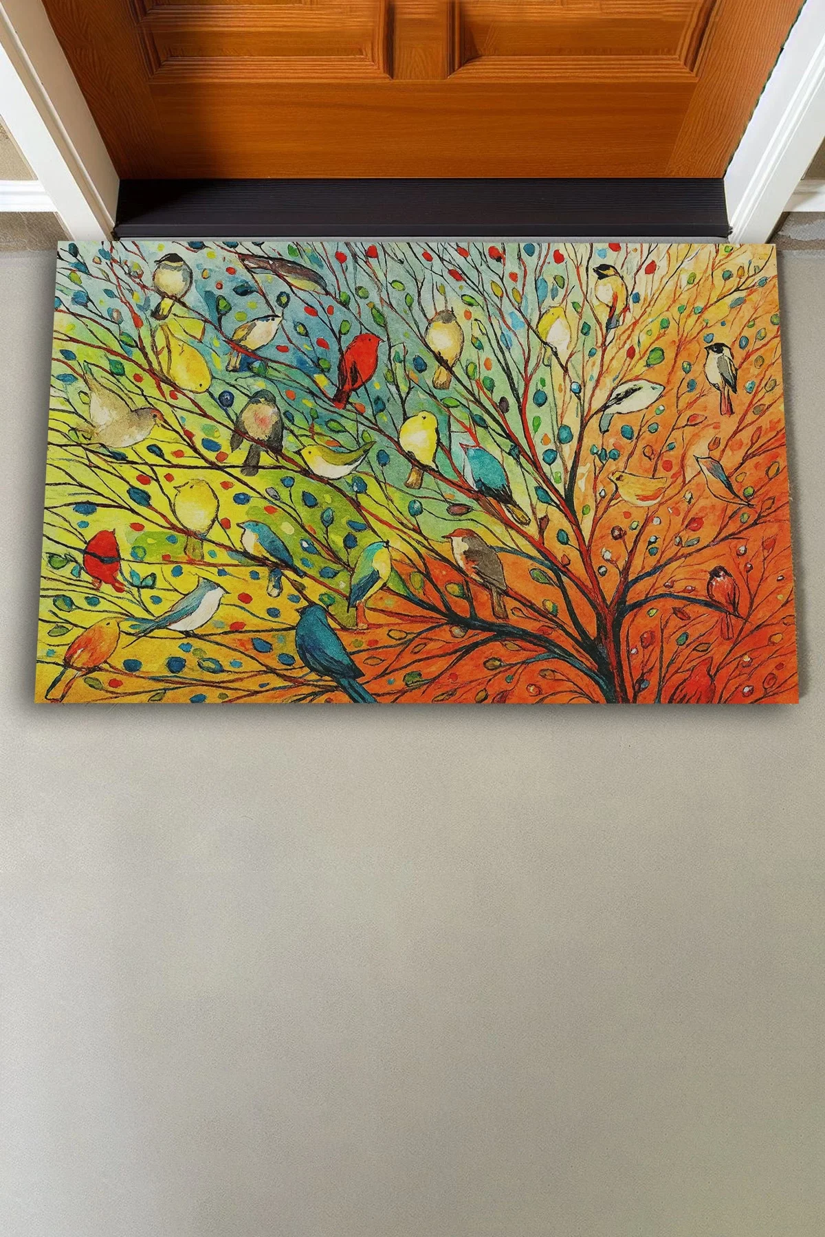 Valerine Life Renkli Kuşlar Hayat Ağacı Welcome Hoş Geldiniz Kapı Önü Paspası 45x70cm