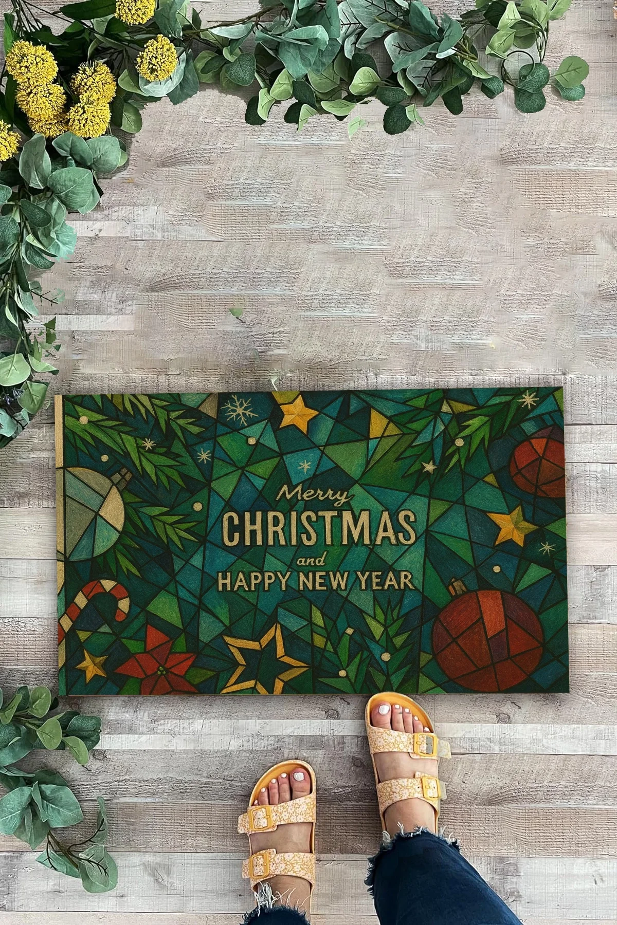 Valerine Life Picasso Tarzı Geometrik Yeşil Yılbaşı Welcome Hoş Geldiniz Kapı Önü Paspası 45x70cm