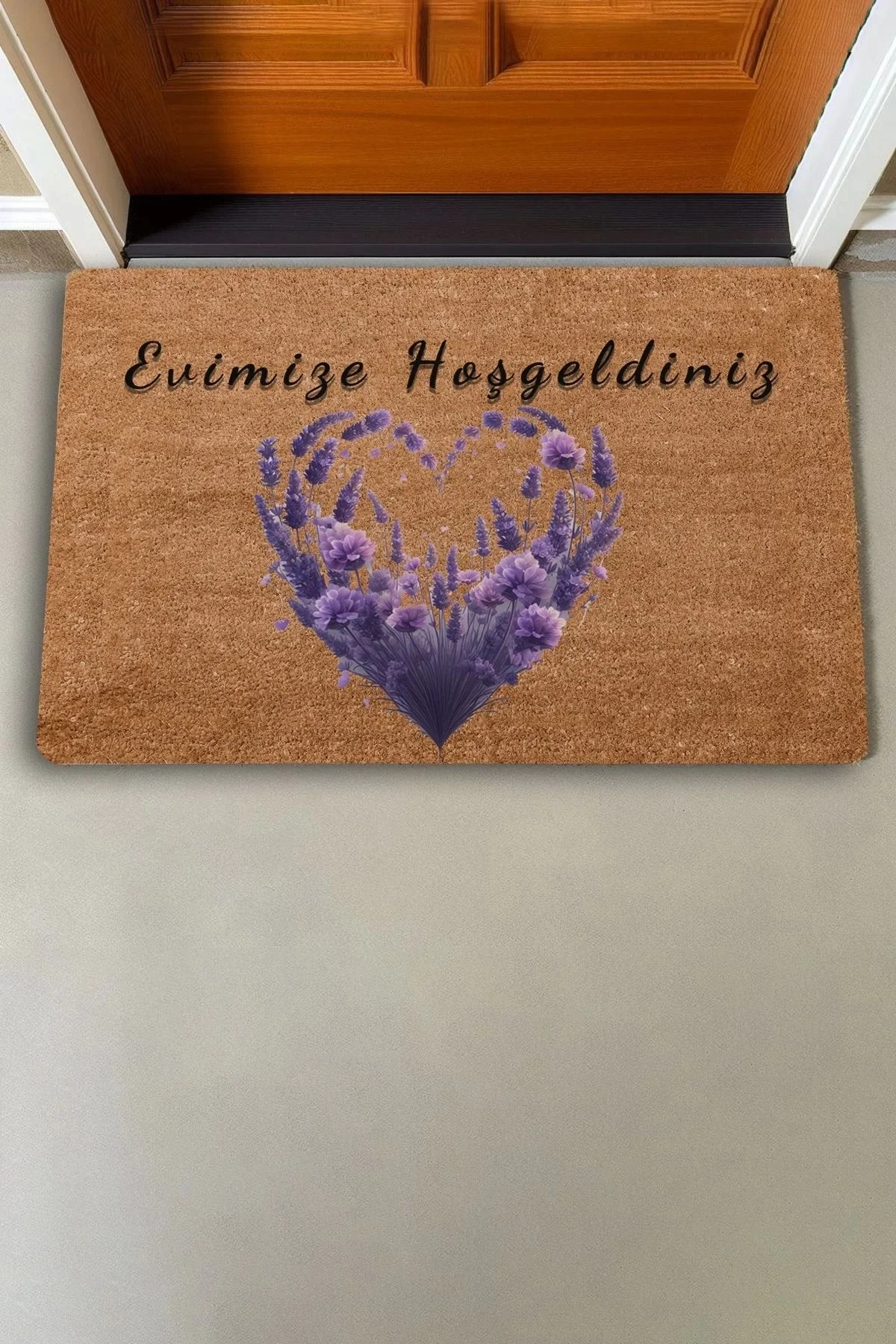 Valerine Life Kalp Çemberi Lavanta Evimize Hoş Geldiniz Kapı Önü Paspası 45x70cm
