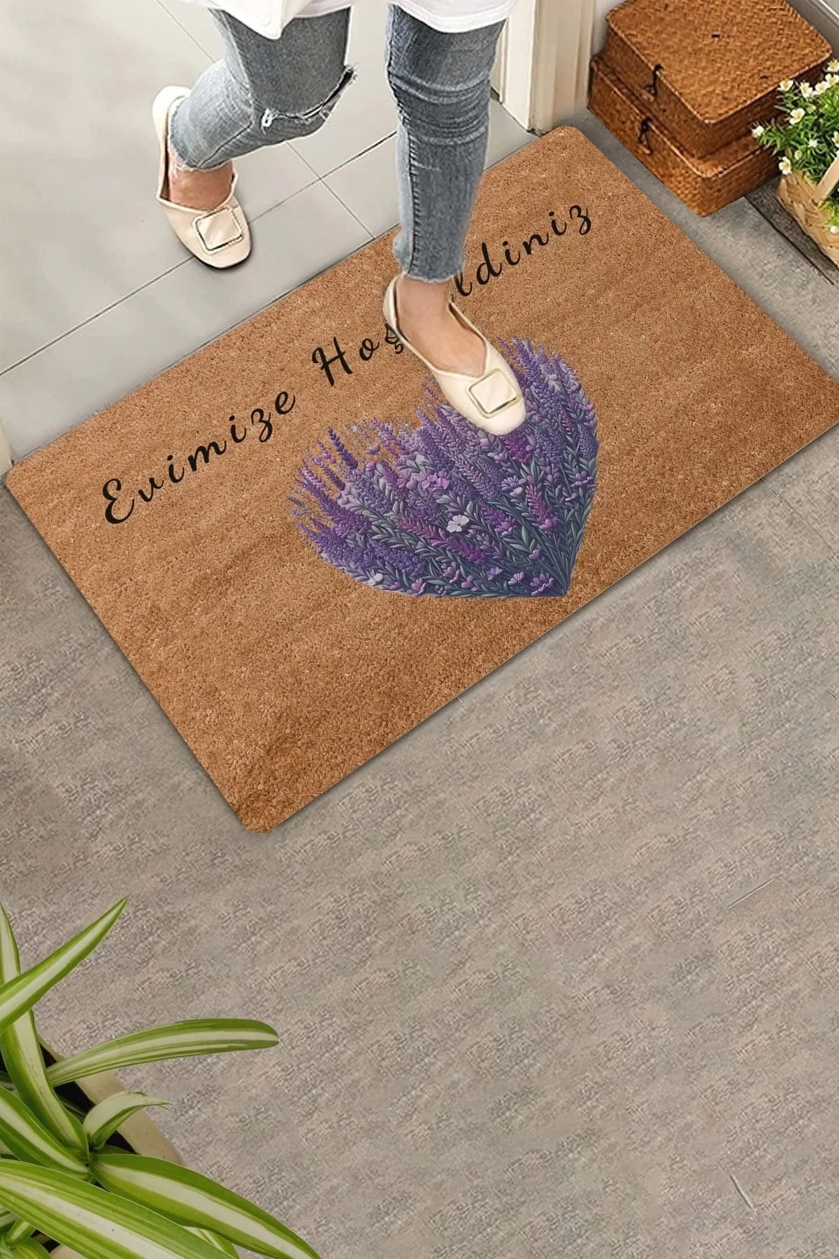 Valerine Life Kalpli Lavanta Evimize Hoş Geldiniz Welcome Kapı Önü Paspası 45x70cm