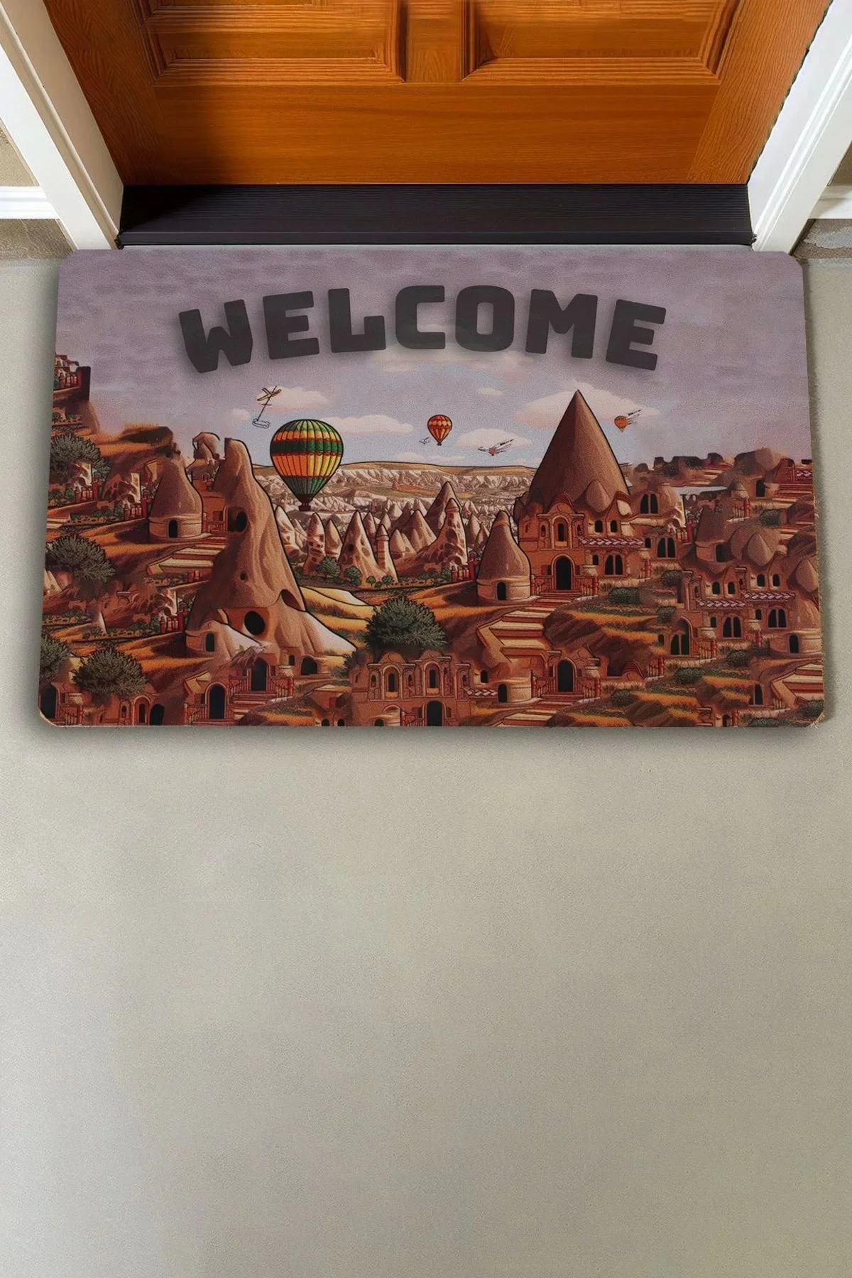 Valerine Life Kapadokya, Peri Bacaları ve Balon Temalı Welcome Kapı Önü Paspası 45x70cm