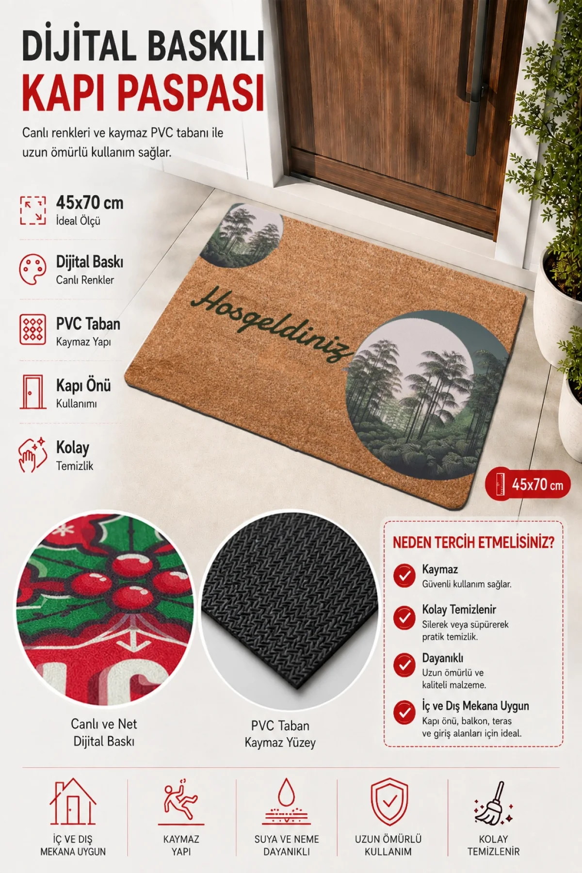 Valerine Life Kapı Önü Paspası 45x70cm Kaymaz Taban Dekoratif iç Dış Mekan Amazon Bambu Ormanı