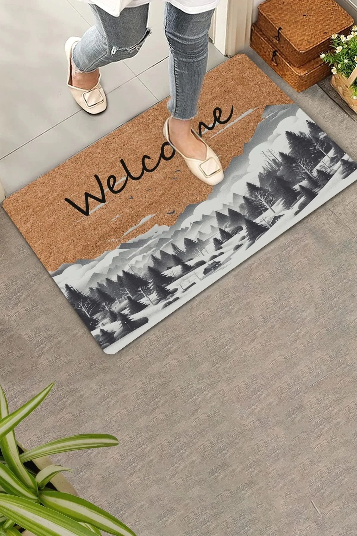 Valerine Life Kar ve Çam Ormanı Welcome Kapı Önü Paspası 45x70cm