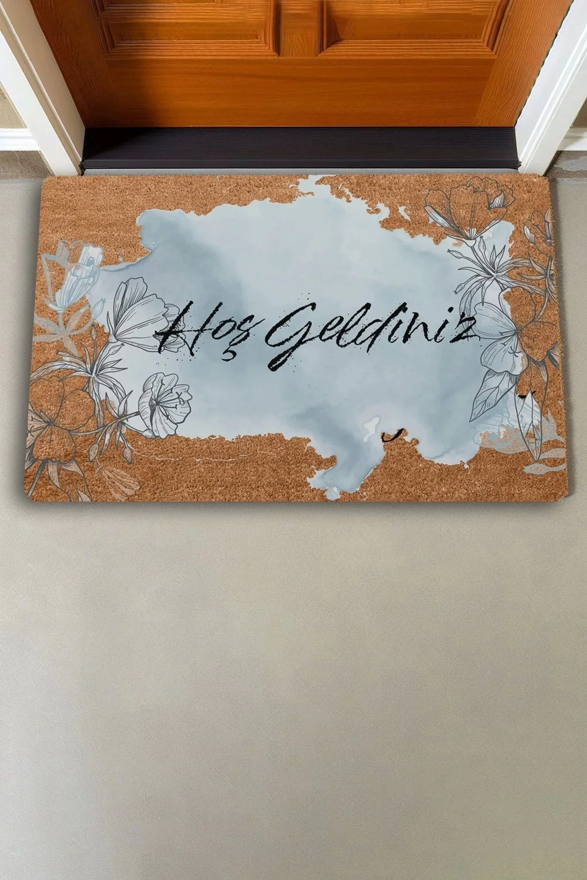 Valerine Life Kara Kalem Gelincik Mavi Renk Hoş Geldiniz Kapı Önü Paspası 45x70cm