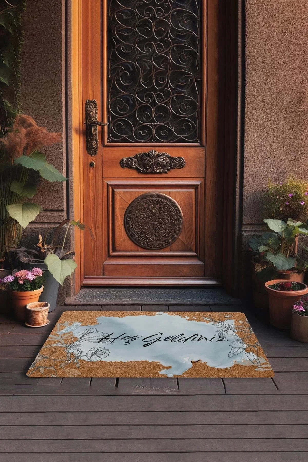 Valerine Life Kara Kalem Gelincik Mavi Renk Hoş Geldiniz Kapı Önü Paspası 45x70cm