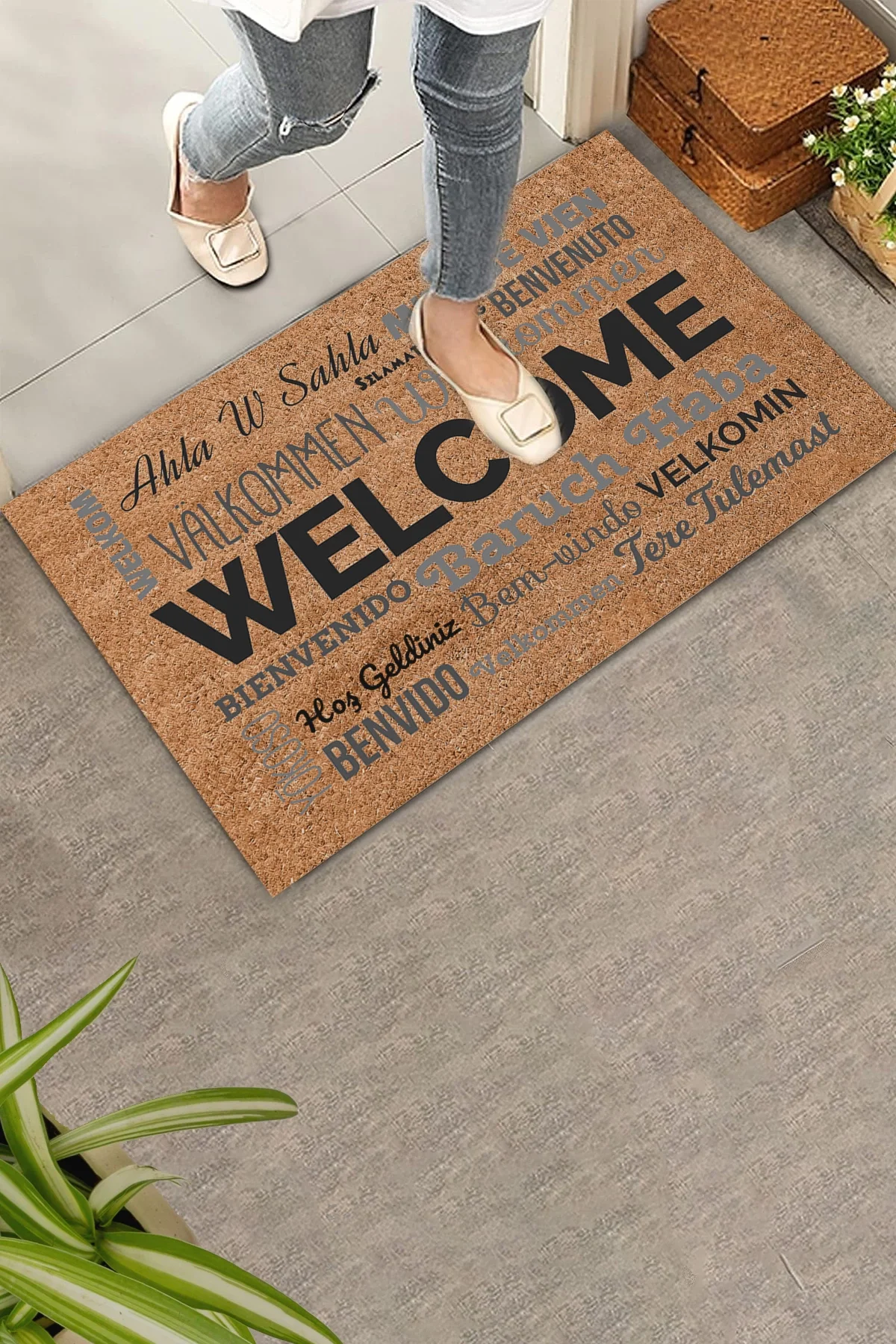 Valerine Life Dünya Dillerinde Kahverengi Welcome Hoş Geldiniz Kapı Önü Paspası 45x70cm