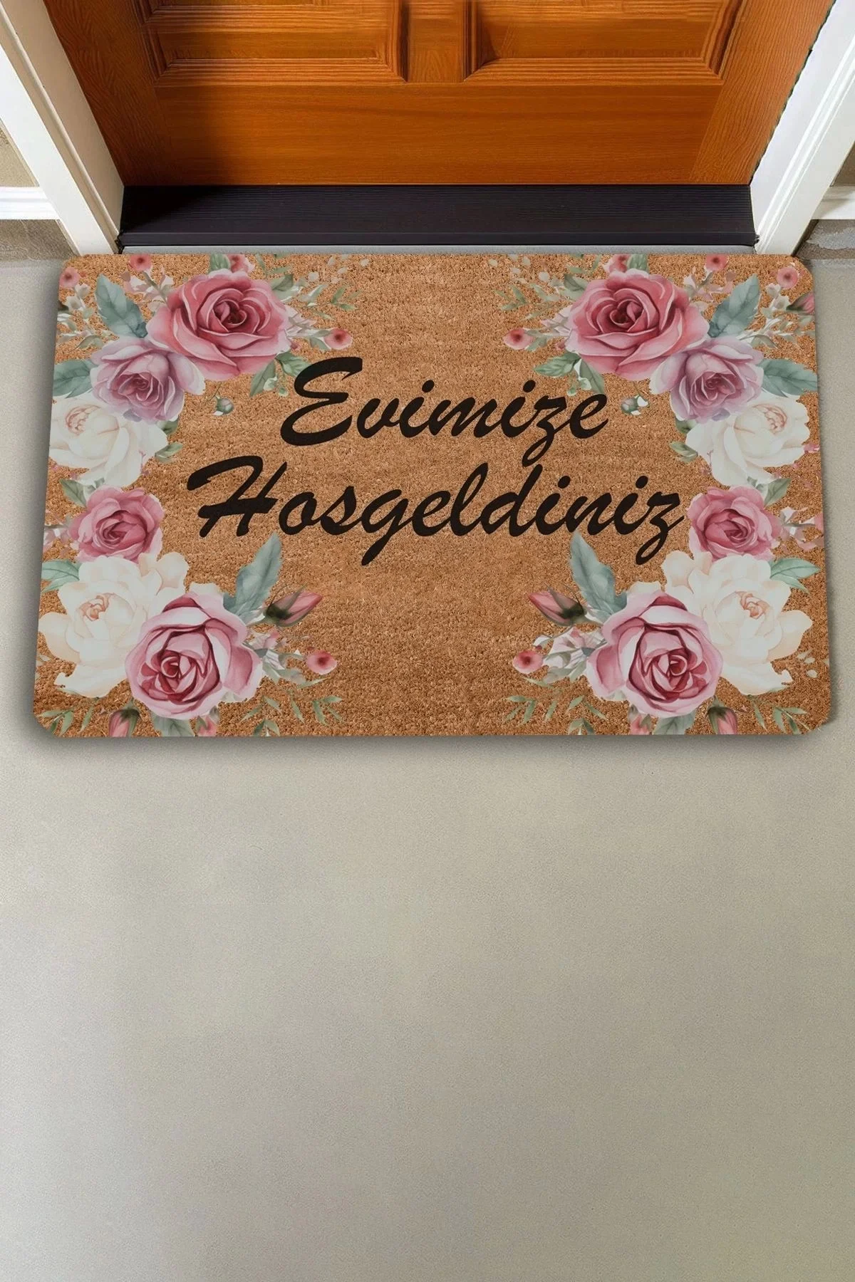 Valerine Life Kırmızı Beyaz Çelenk Gülleri Welcome Kapı Önü Paspası 45x70cm