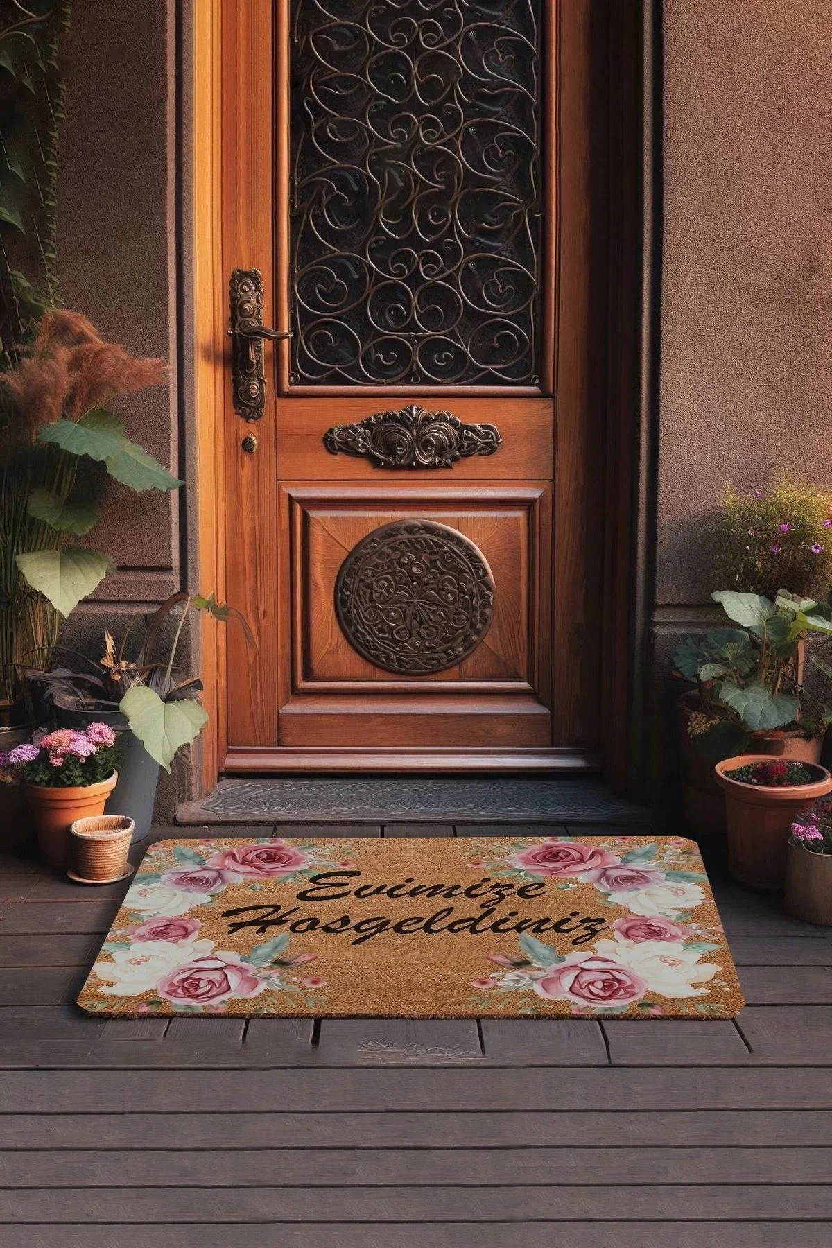 Valerine Life Kırmızı Beyaz Çelenk Gülleri Welcome Kapı Önü Paspası 45x70cm