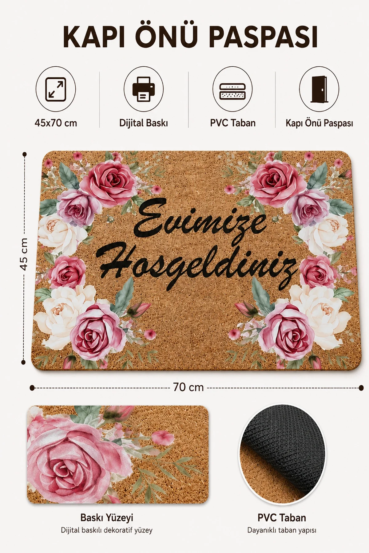 Valerine Life Kırmızı Beyaz Çelenk Gülleri Welcome Ev İç Dış Kapı Önü Paspası 45x70cm