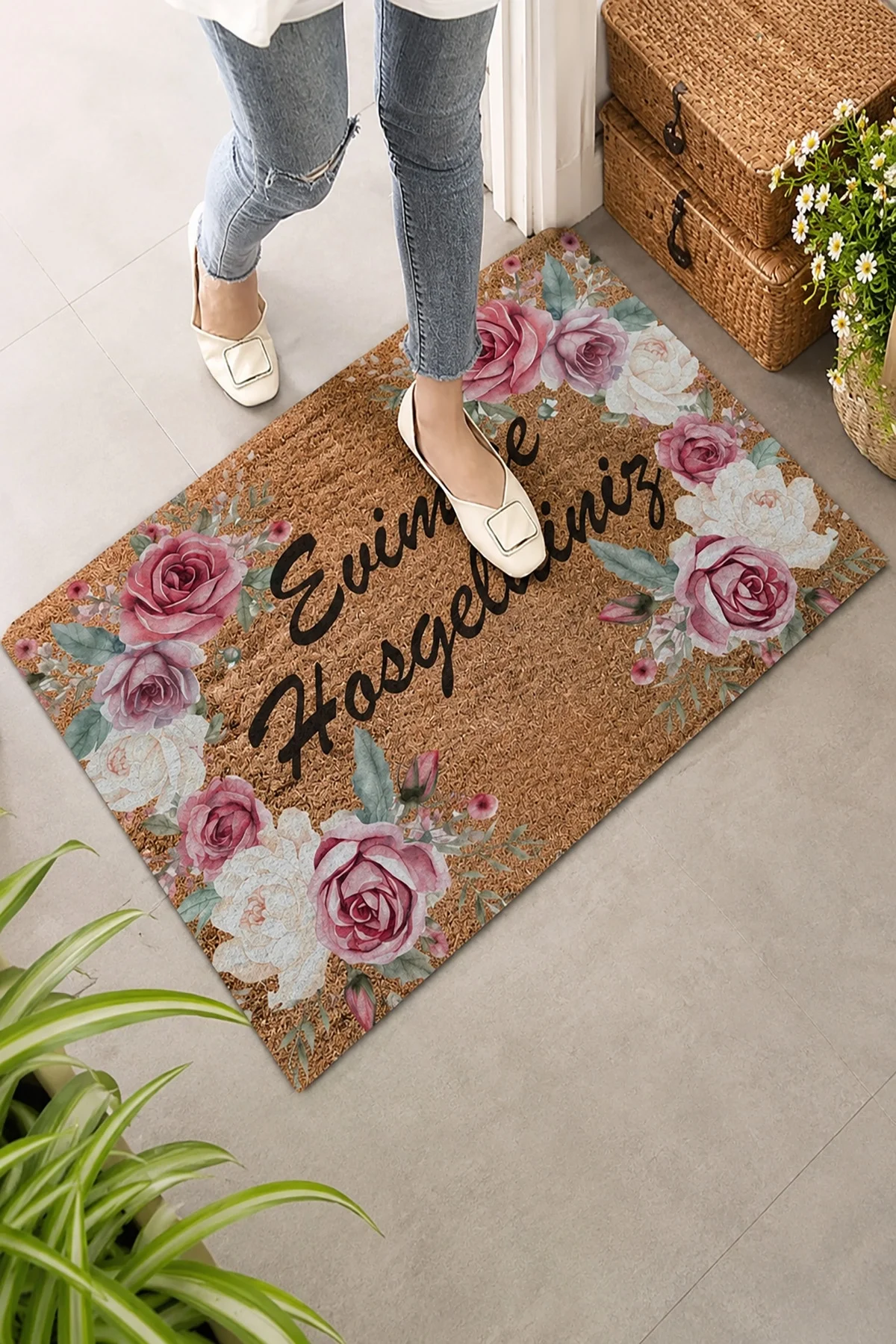 Valerine Life Kırmızı Beyaz Çelenk Gülleri Welcome Ev İç Dış Kapı Önü Paspası 45x70cm