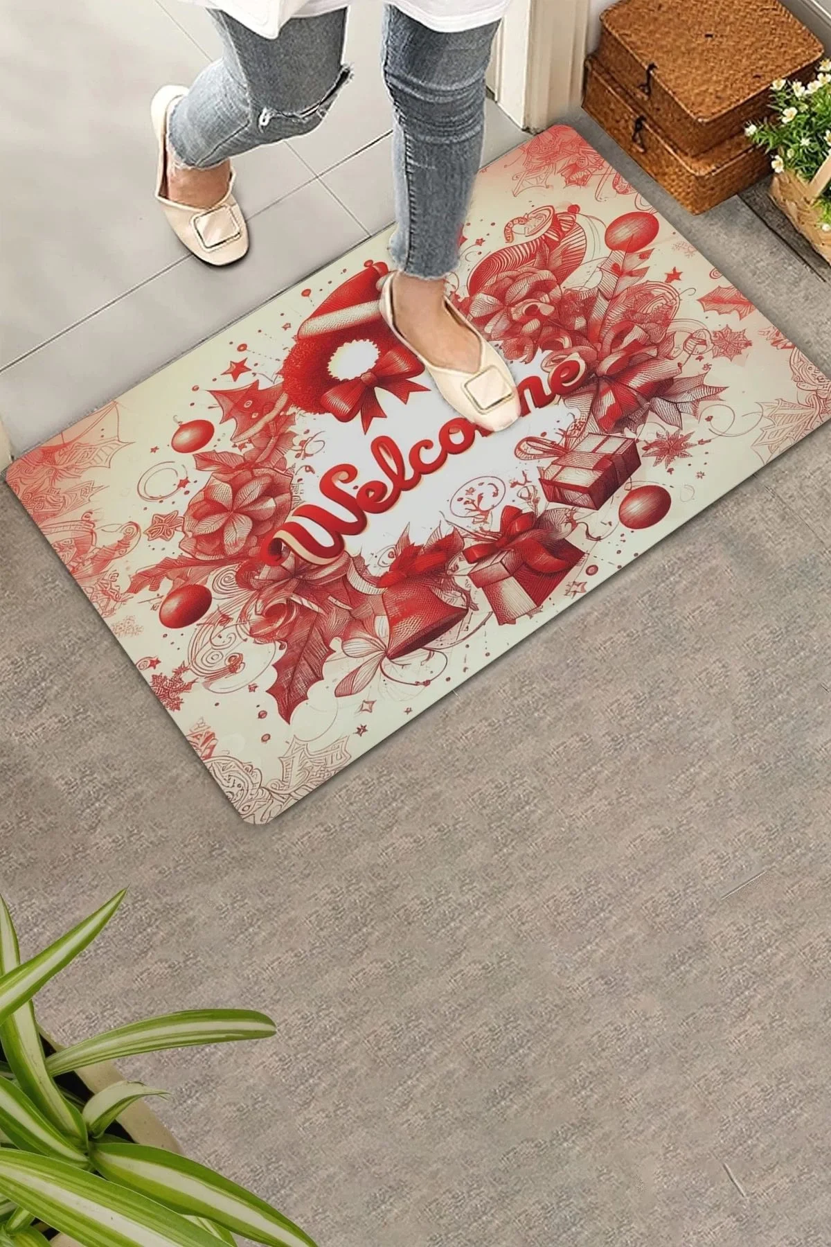 Valerine Life Kırmızı Noel Kapı Süsü Temalı Welcome Kapı Önü Paspası 45x70cm
