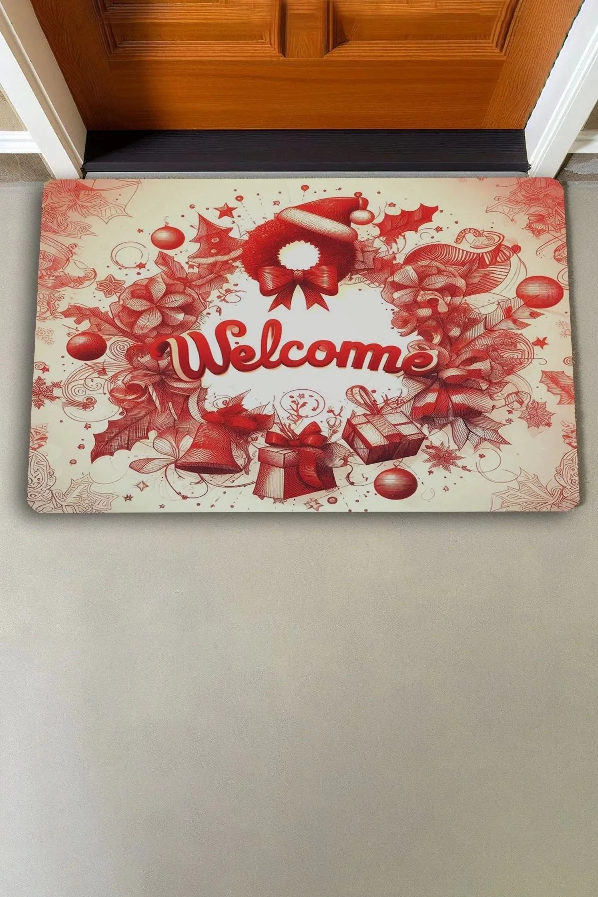 Valerine Life Kırmızı Noel Kapı Süsü Temalı Welcome Kapı Önü Paspası 45x70cm